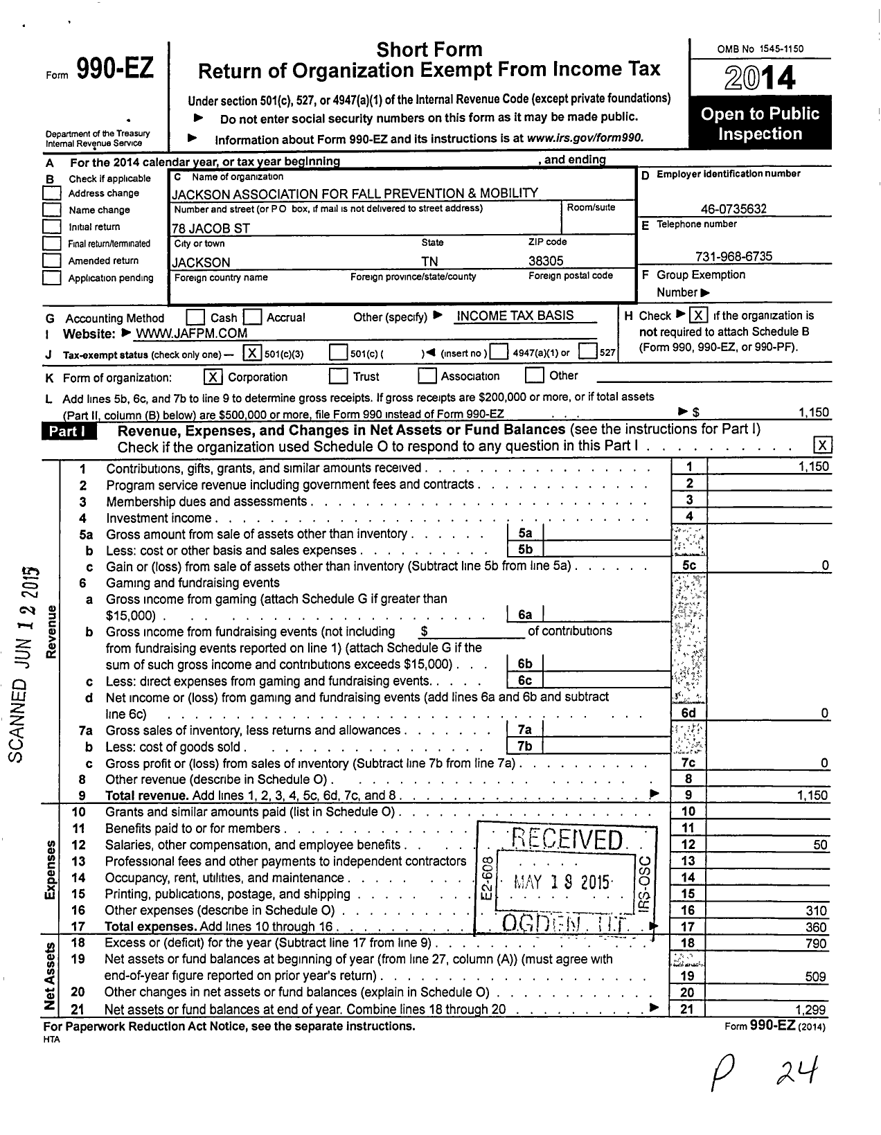 Image of first page of 2014 Form 990EZ for Jackson Association for Fall Prevention and Mobility