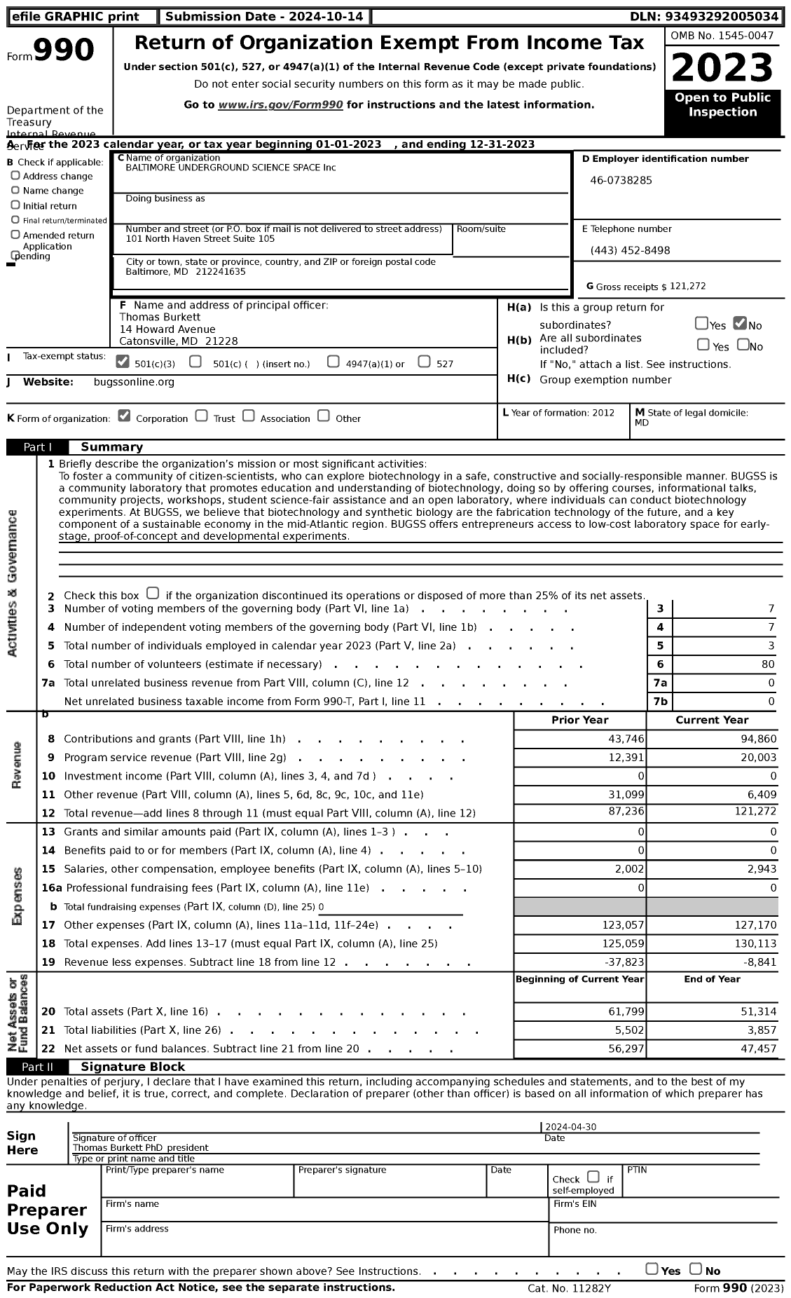 Image of first page of 2023 Form 990 for Baltimore UNDERGROUND SCIENCE SPACE