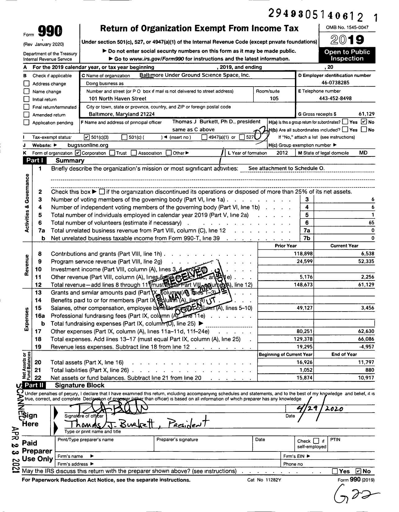 Image of first page of 2019 Form 990 for Baltimore UNDERGROUND SCIENCE SPACE