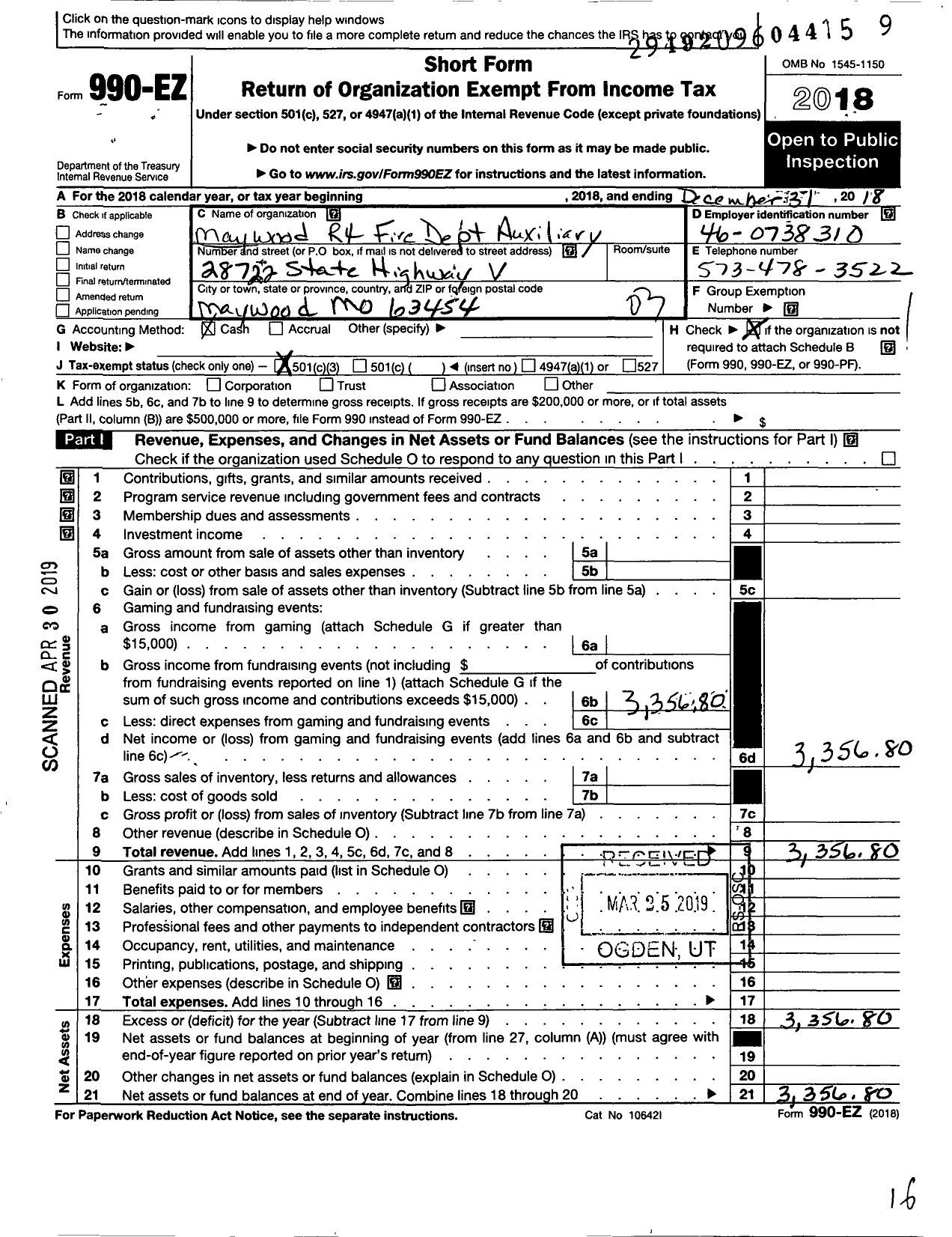 Image of first page of 2018 Form 990EZ for Maywood R4 Fire Department Auxiliary