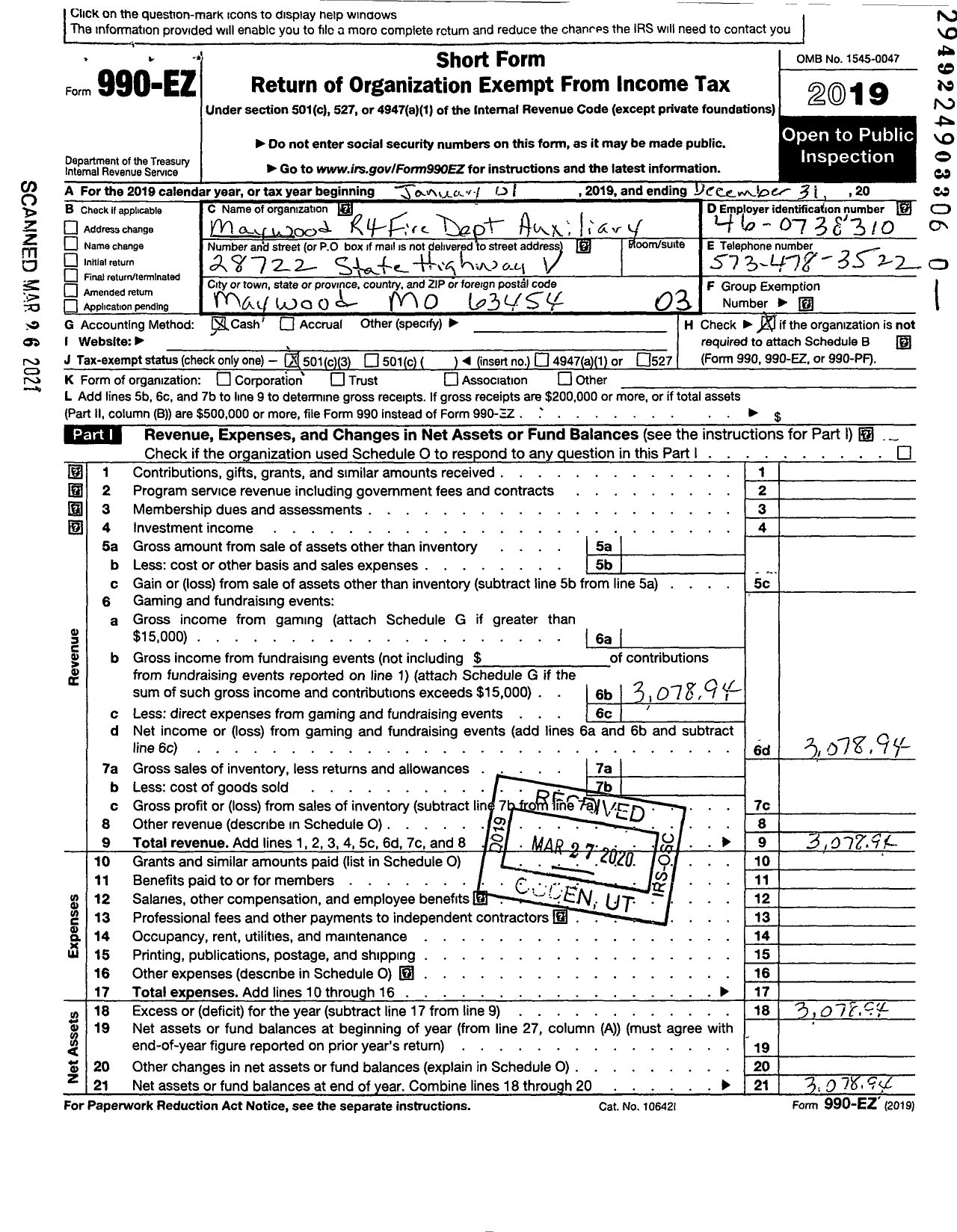 Image of first page of 2019 Form 990EZ for Maywood R4 Fire Department Auxiliary