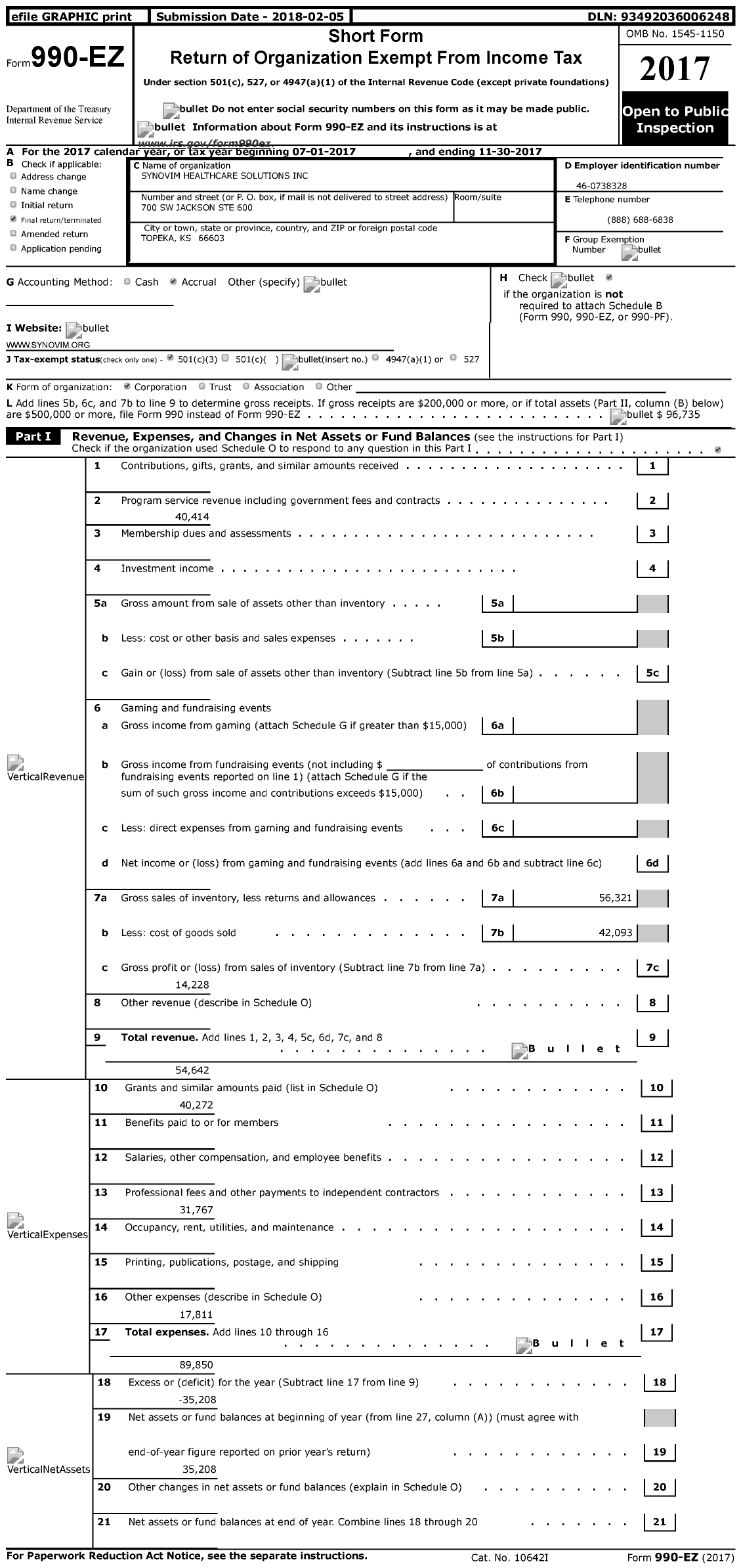 Image of first page of 2016 Form 990EZ for Synovim Healthcare Solutions