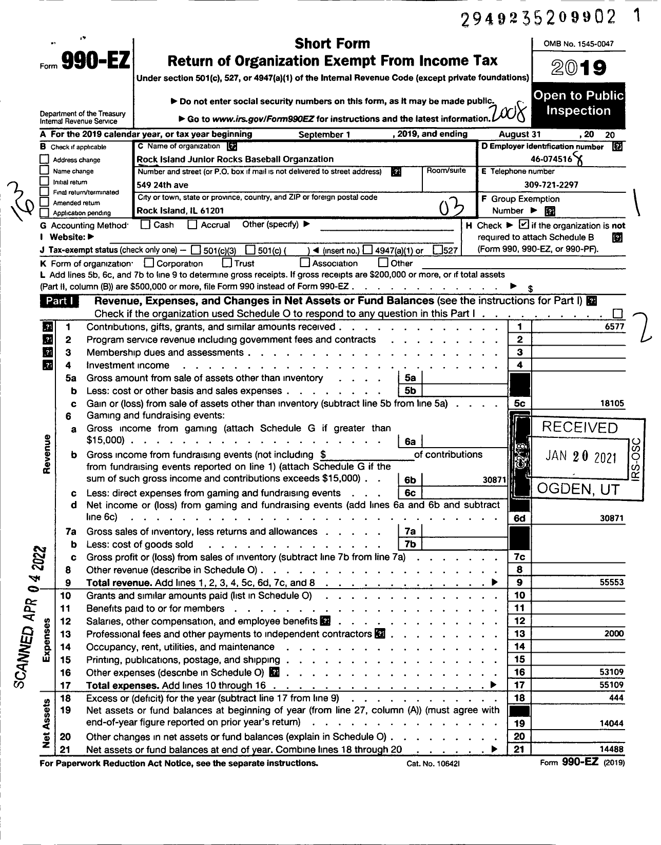 Image of first page of 2019 Form 990EZ for Rock Island JR Rocks Baseball Organization