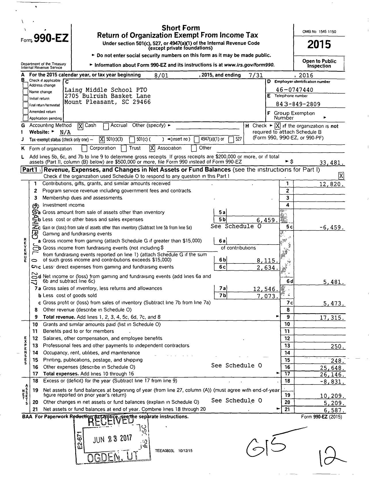 Image of first page of 2015 Form 990EZ for Laing Middle School PTO