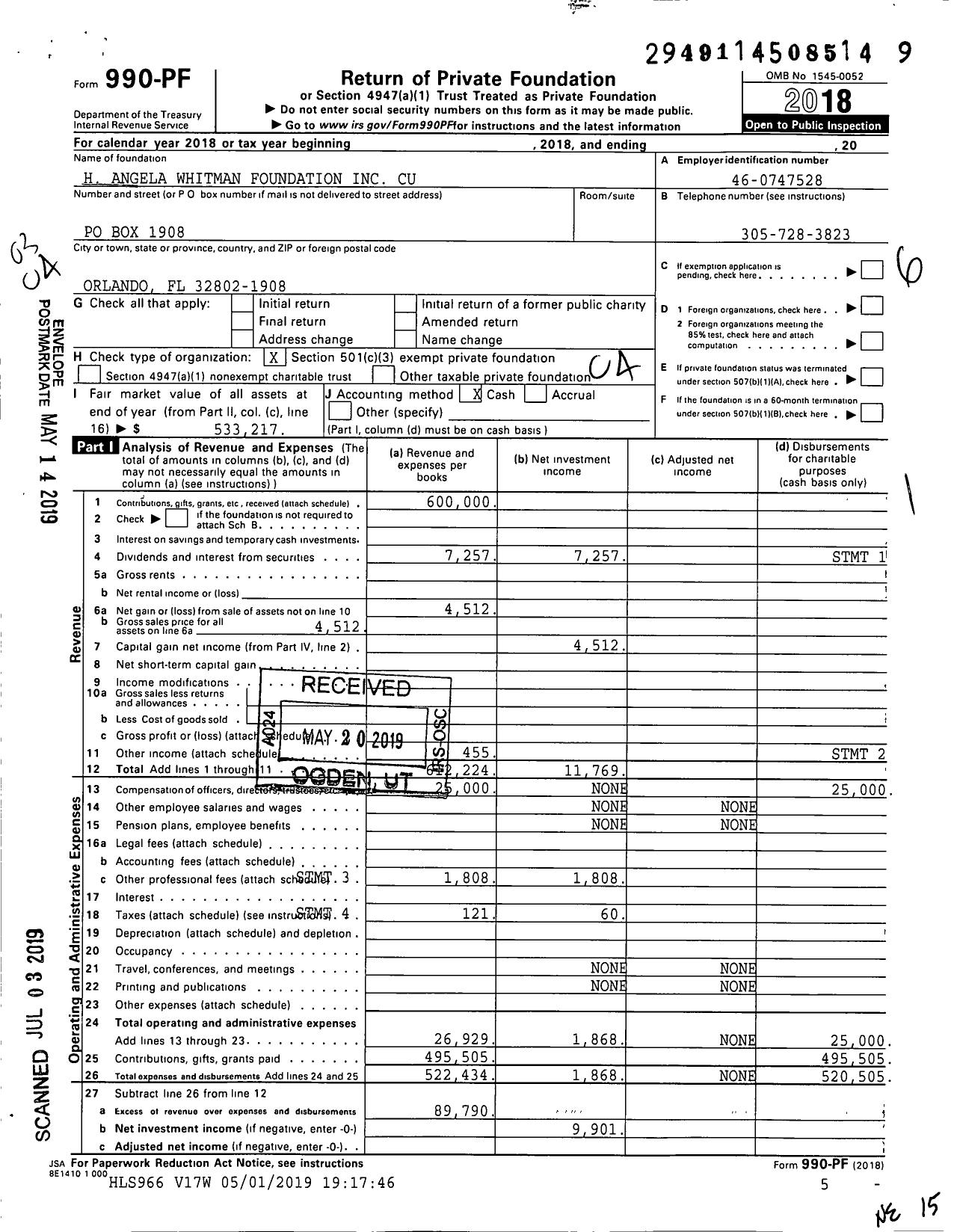 Image of first page of 2018 Form 990PF for H Angela Whitman Foundation