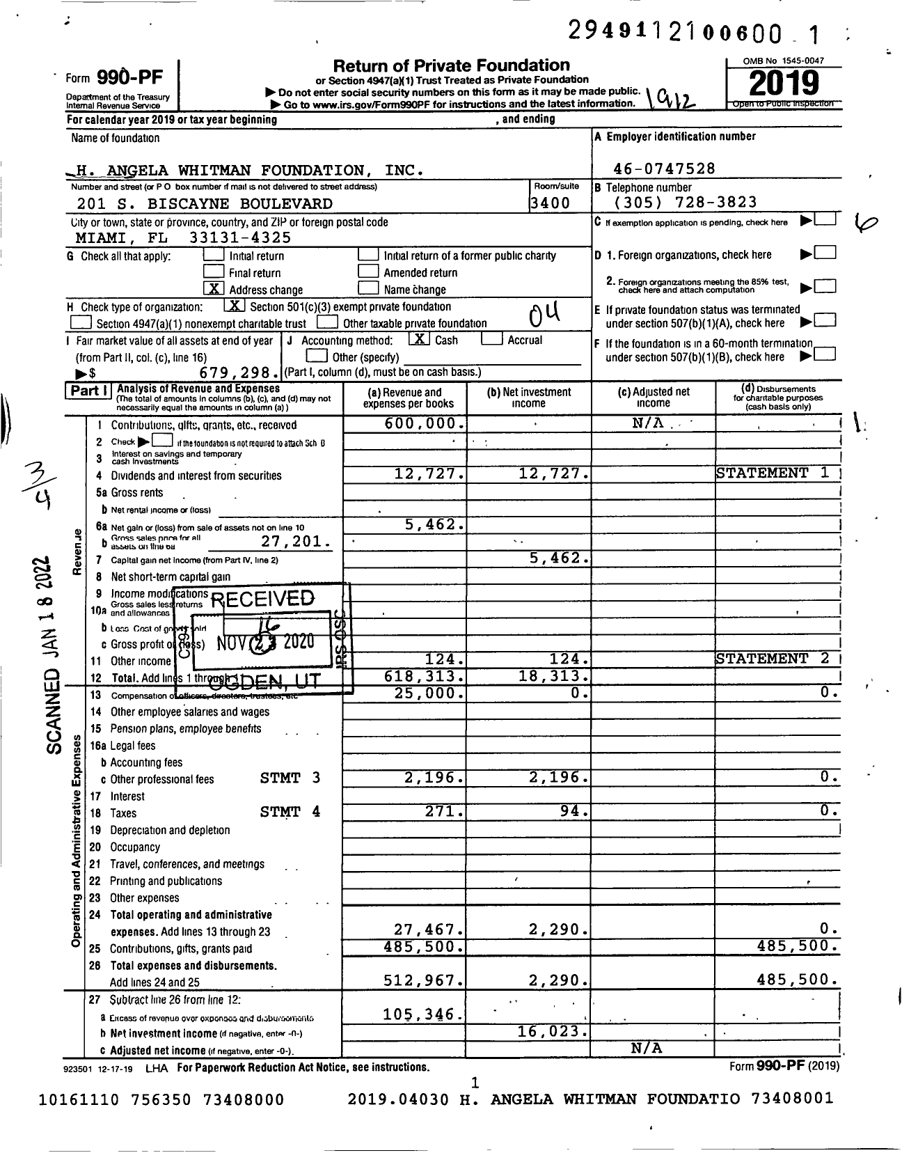 Image of first page of 2019 Form 990PF for H Angela Whitman Foundation