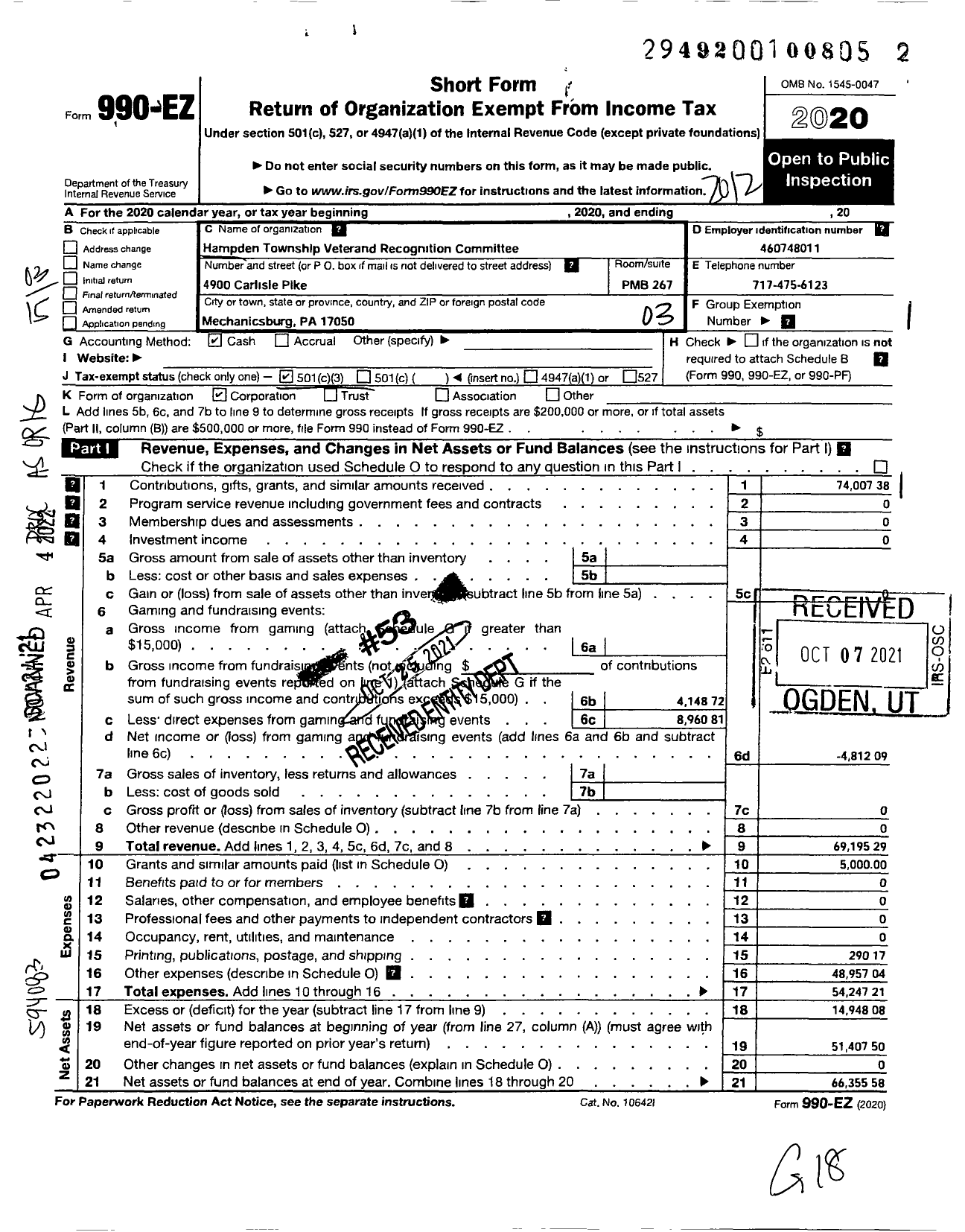 Image of first page of 2020 Form 990EZ for Hampden Township Veterans Recognition Committee