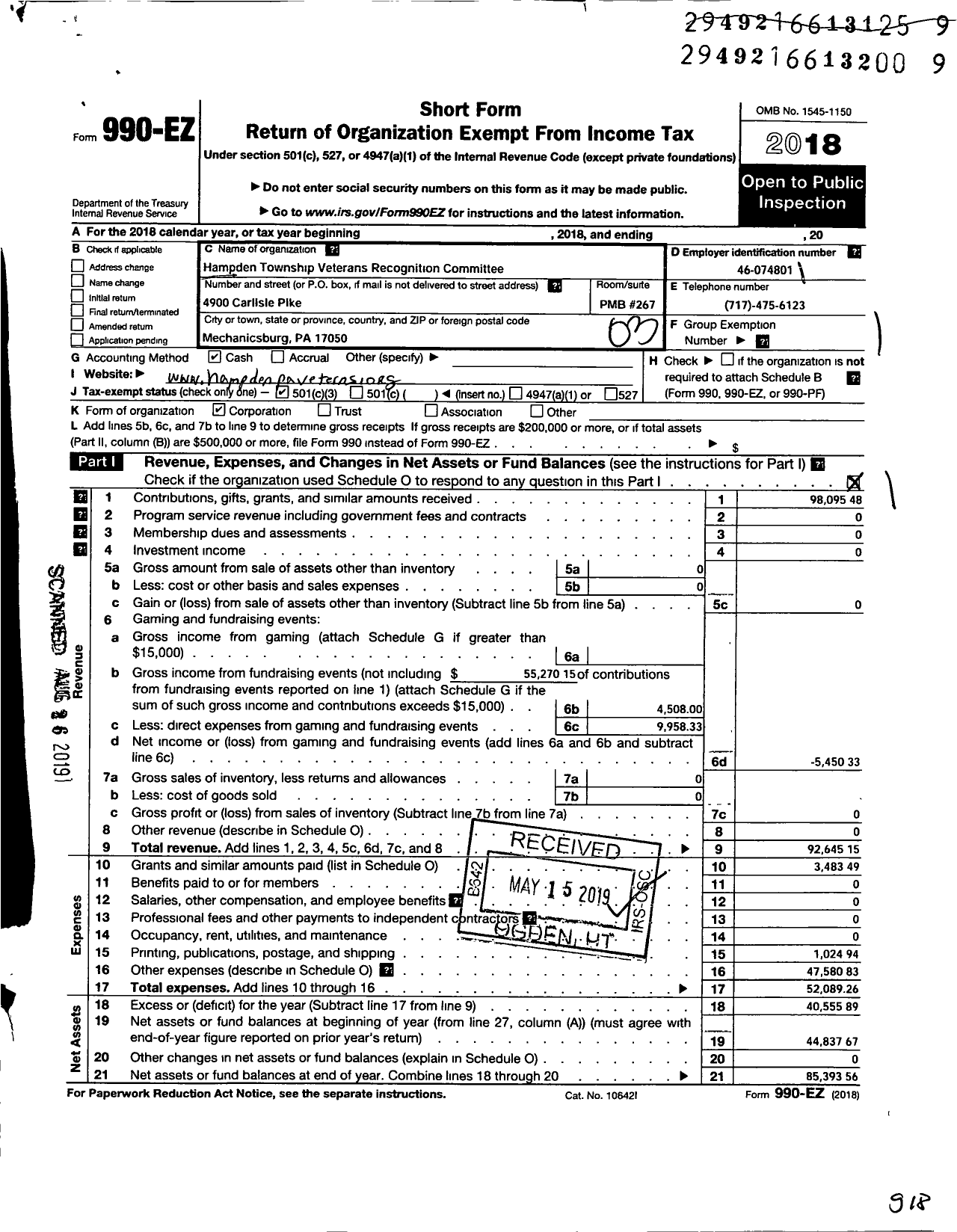 Image of first page of 2018 Form 990EZ for Hampden Township Veterans Recognition Committee