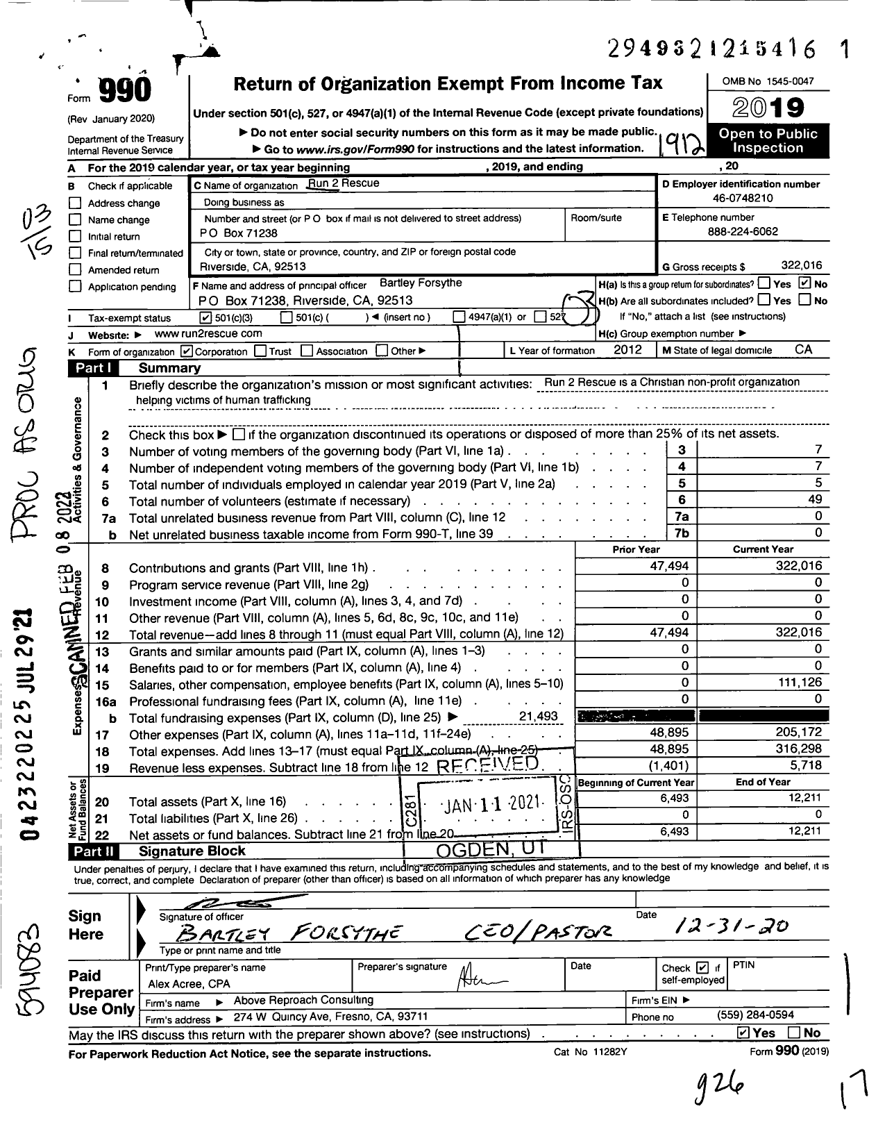 Image of first page of 2019 Form 990 for Run 2 Rescue