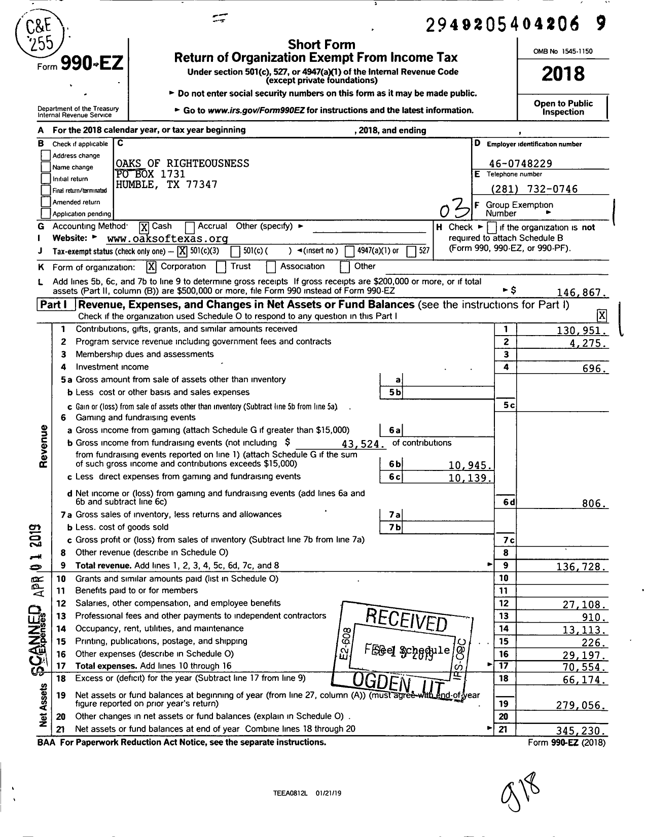 Image of first page of 2018 Form 990EZ for Oaks of Righteousness