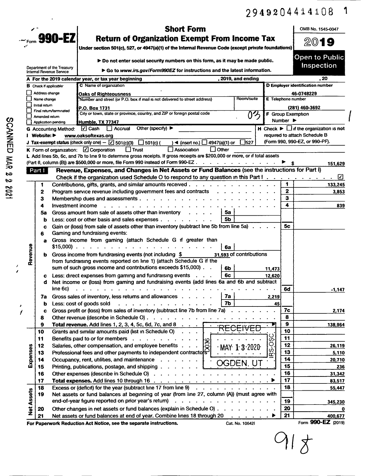 Image of first page of 2019 Form 990EZ for Oaks of Righteousness