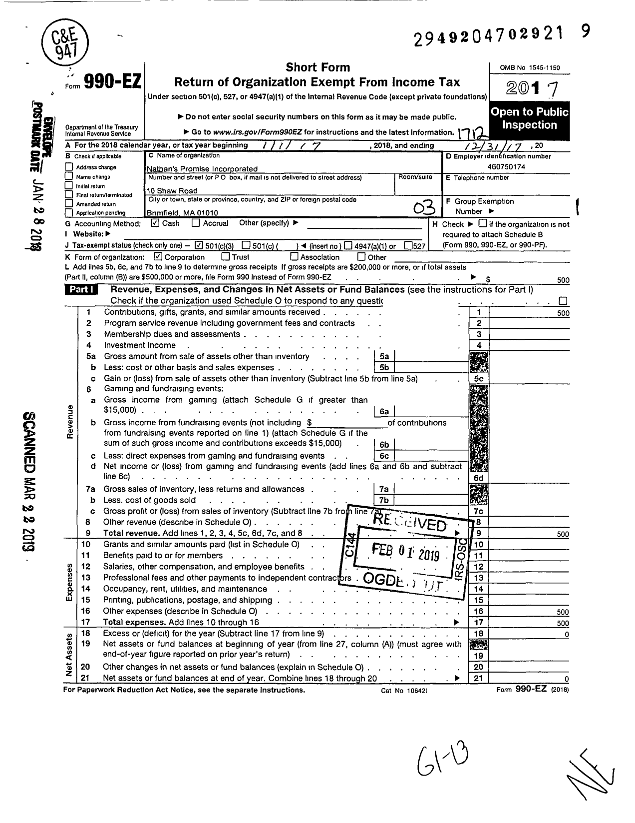 Image of first page of 2017 Form 990EZ for Nathans Promise Incorporated