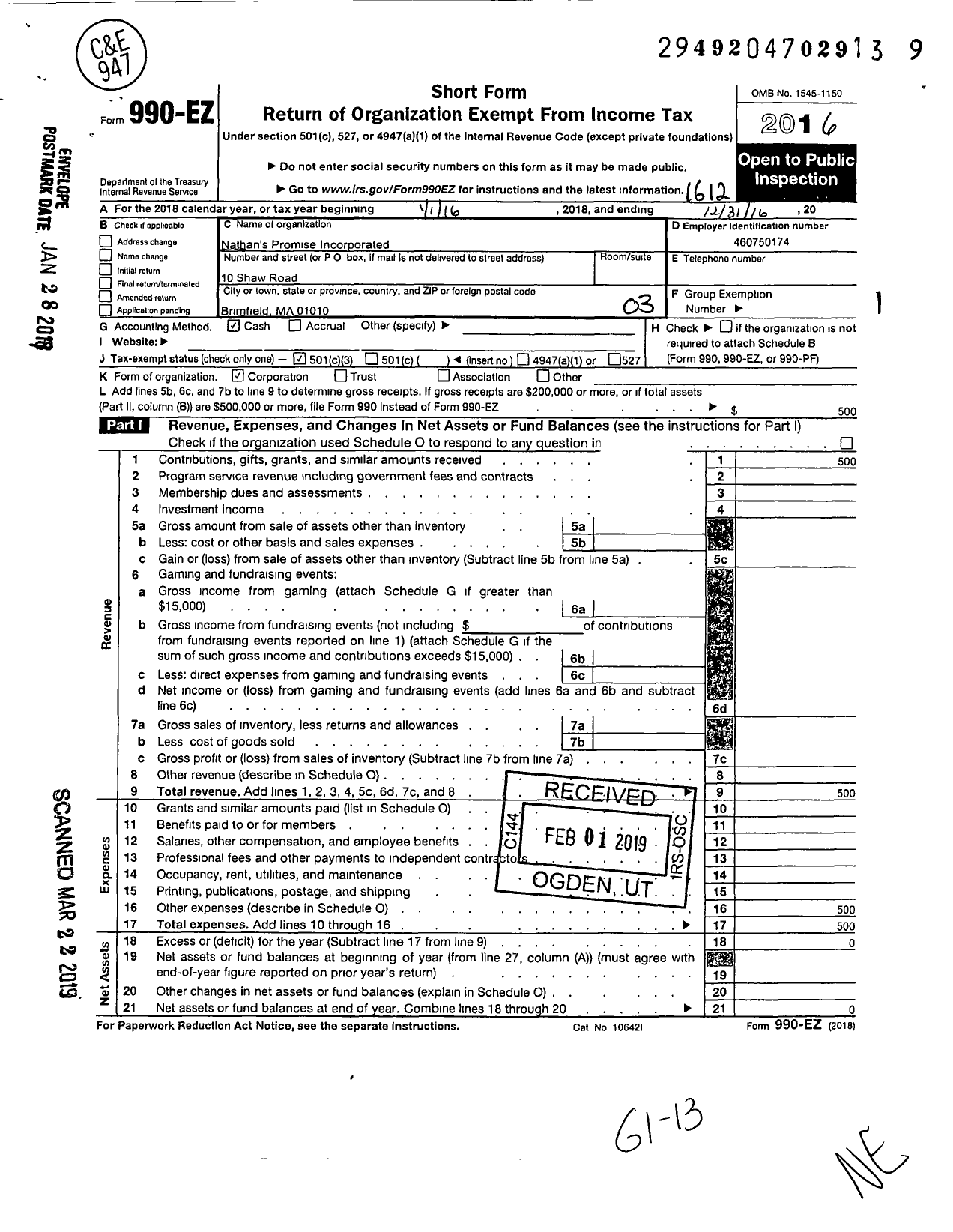 Image of first page of 2016 Form 990EZ for Nathans Promise Incorporated