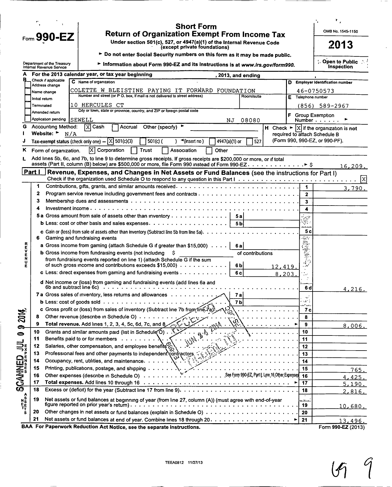 Image of first page of 2013 Form 990EZ for Colette W Bleistine Paying It Forward Foundation