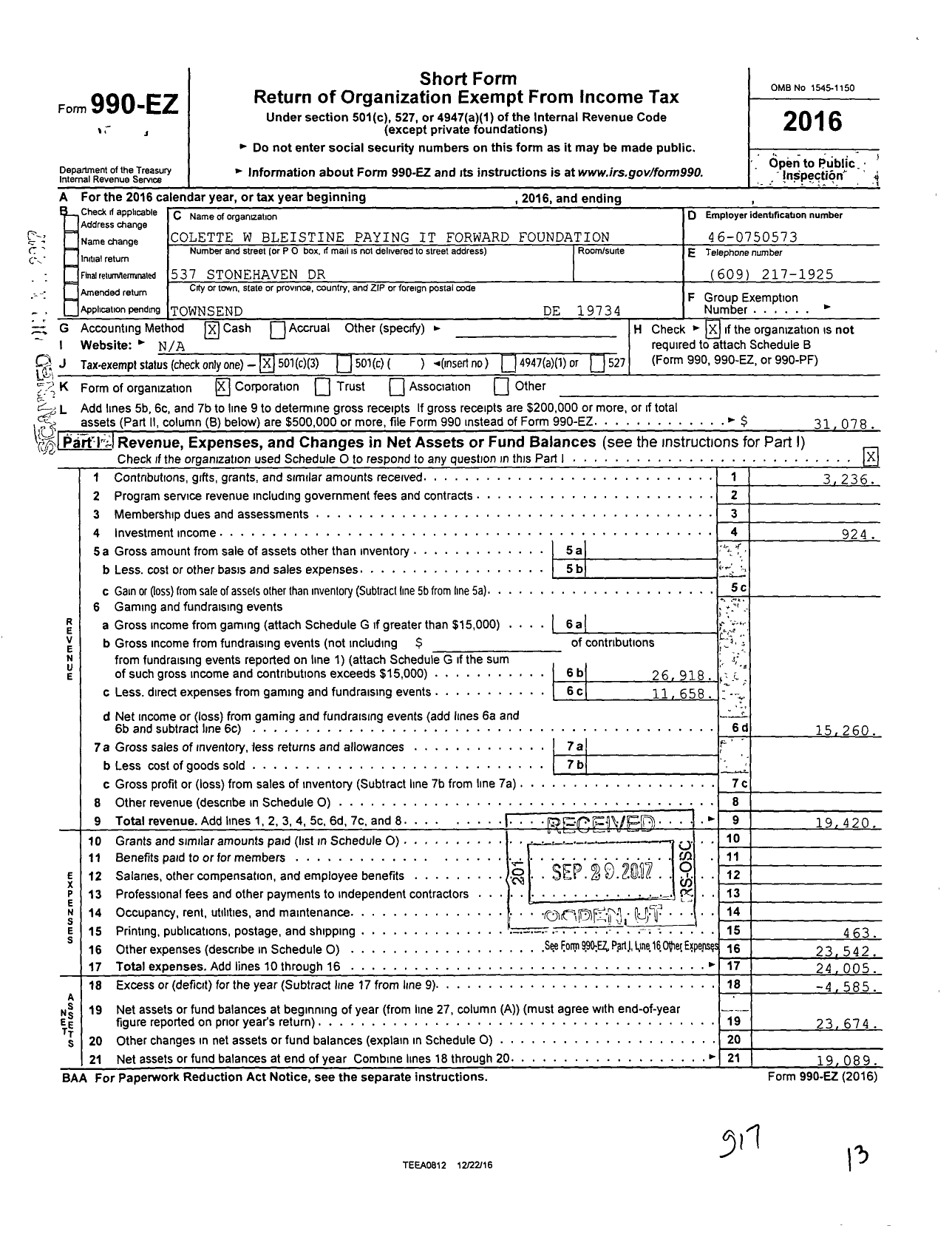 Image of first page of 2016 Form 990EZ for Colette W Bleistine Paying It Forward Foundation