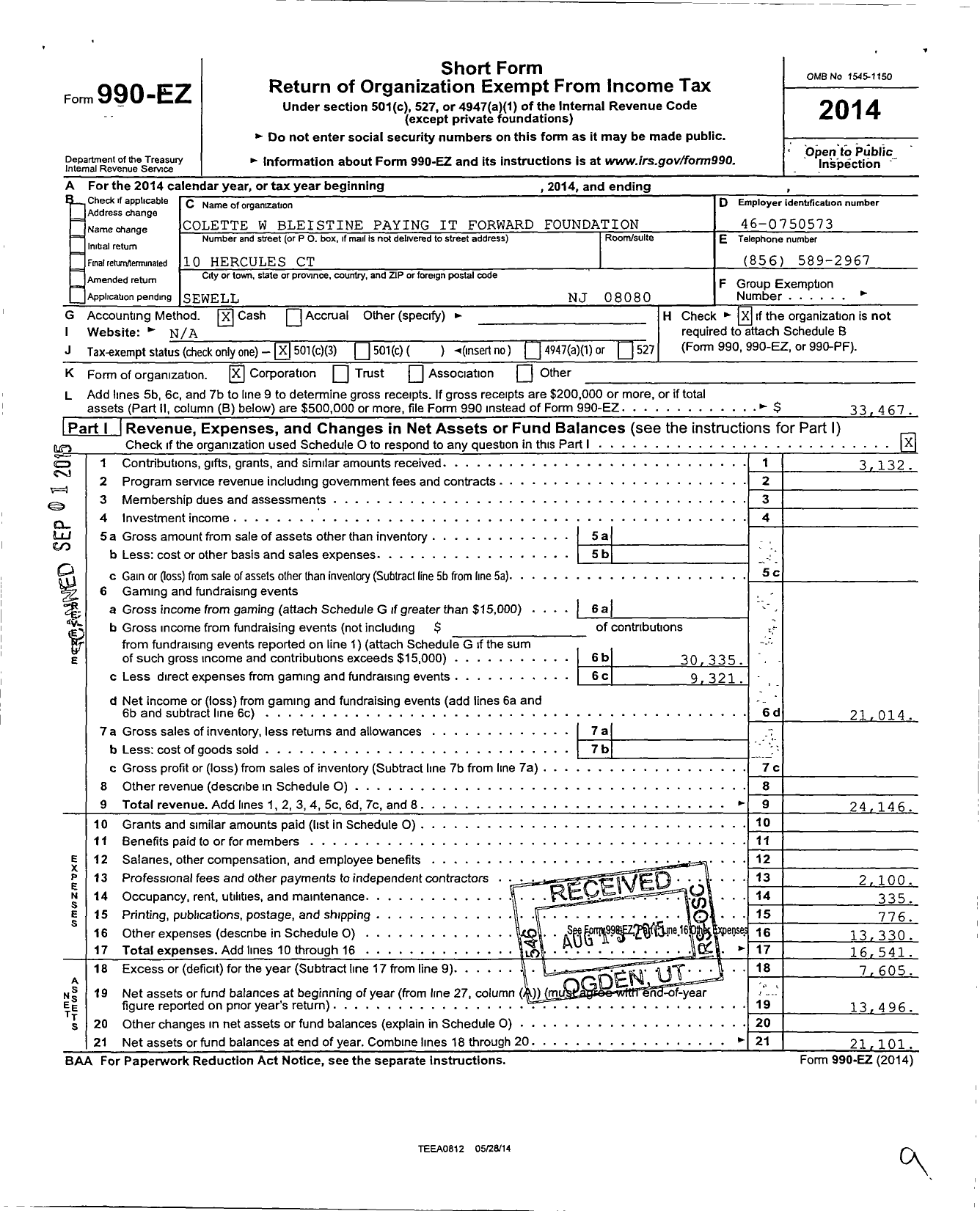 Image of first page of 2014 Form 990EZ for Colette W Bleistine Paying It Forward Foundation