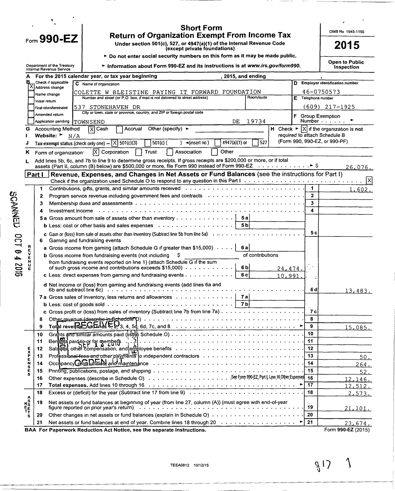 Image of first page of 2015 Form 990EZ for Colette W Bleistine Paying It Forward Foundation