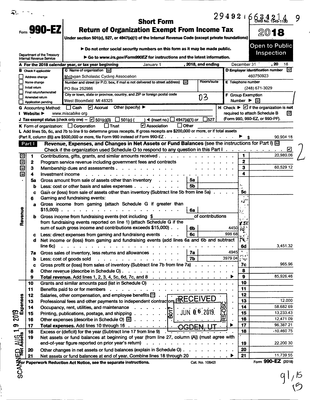 Image of first page of 2018 Form 990EZ for Michigan Scholastic Cycling Association