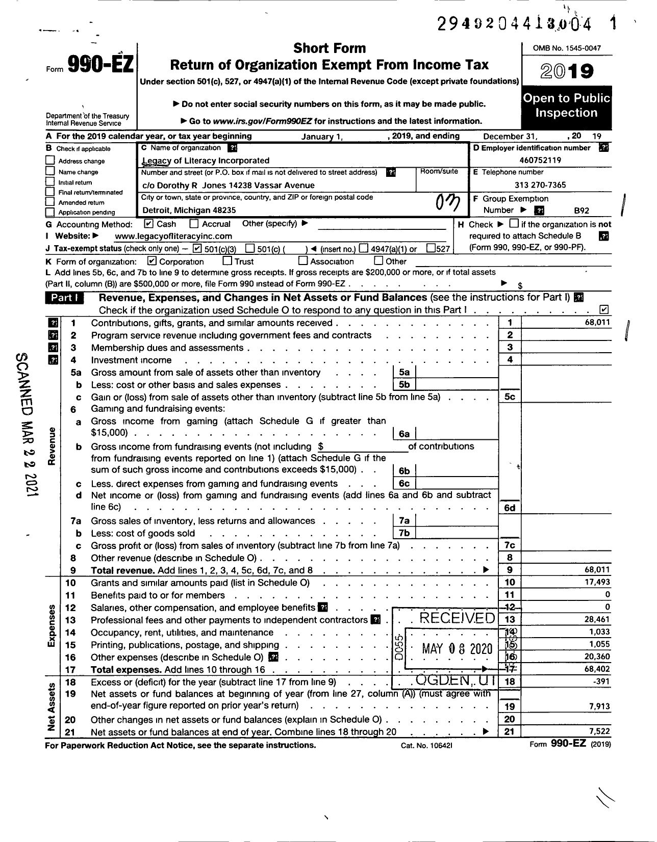 Image of first page of 2019 Form 990EZ for Legacy of Literacy Incorporated