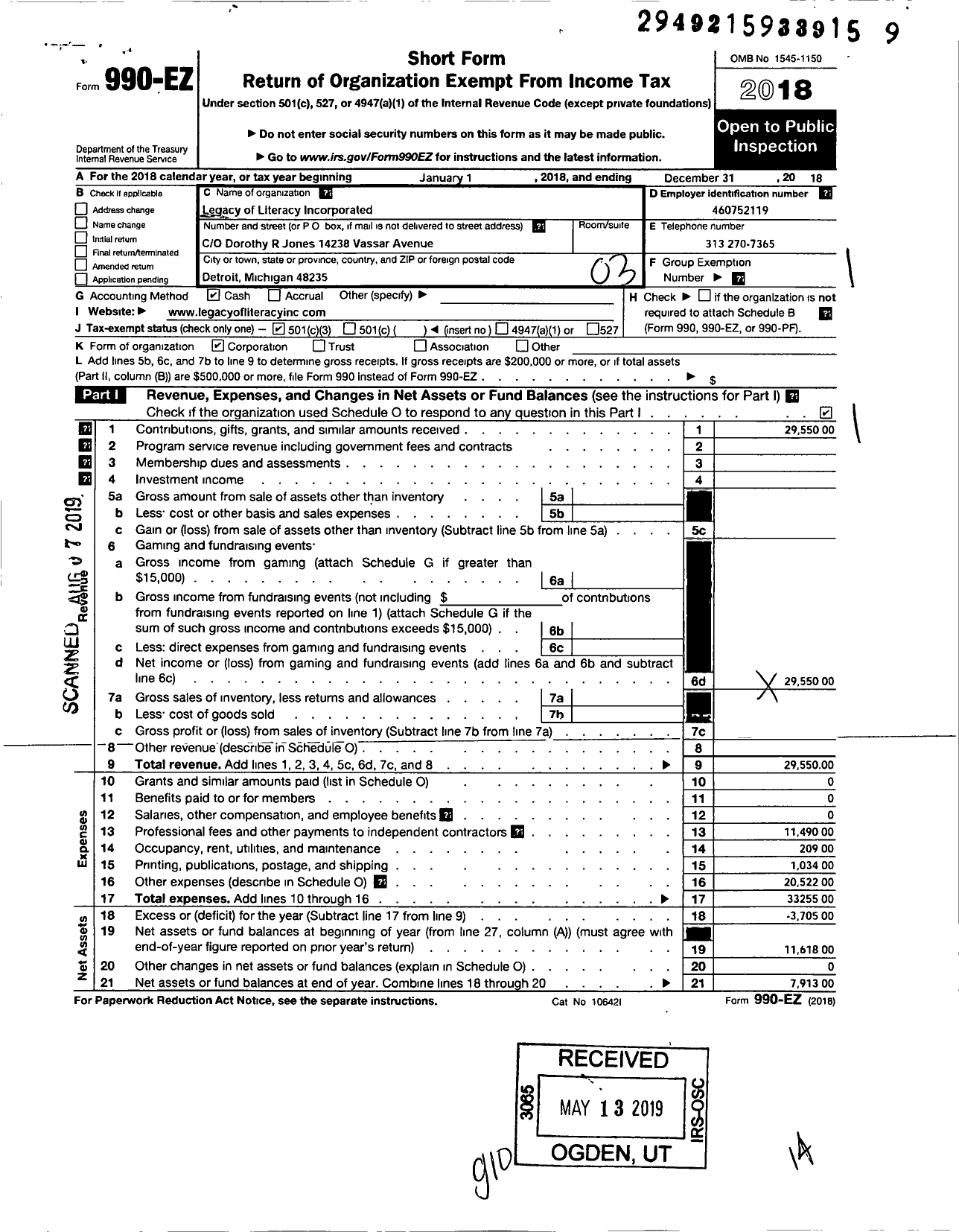 Image of first page of 2018 Form 990EZ for Legacy of Literacy Incorporated