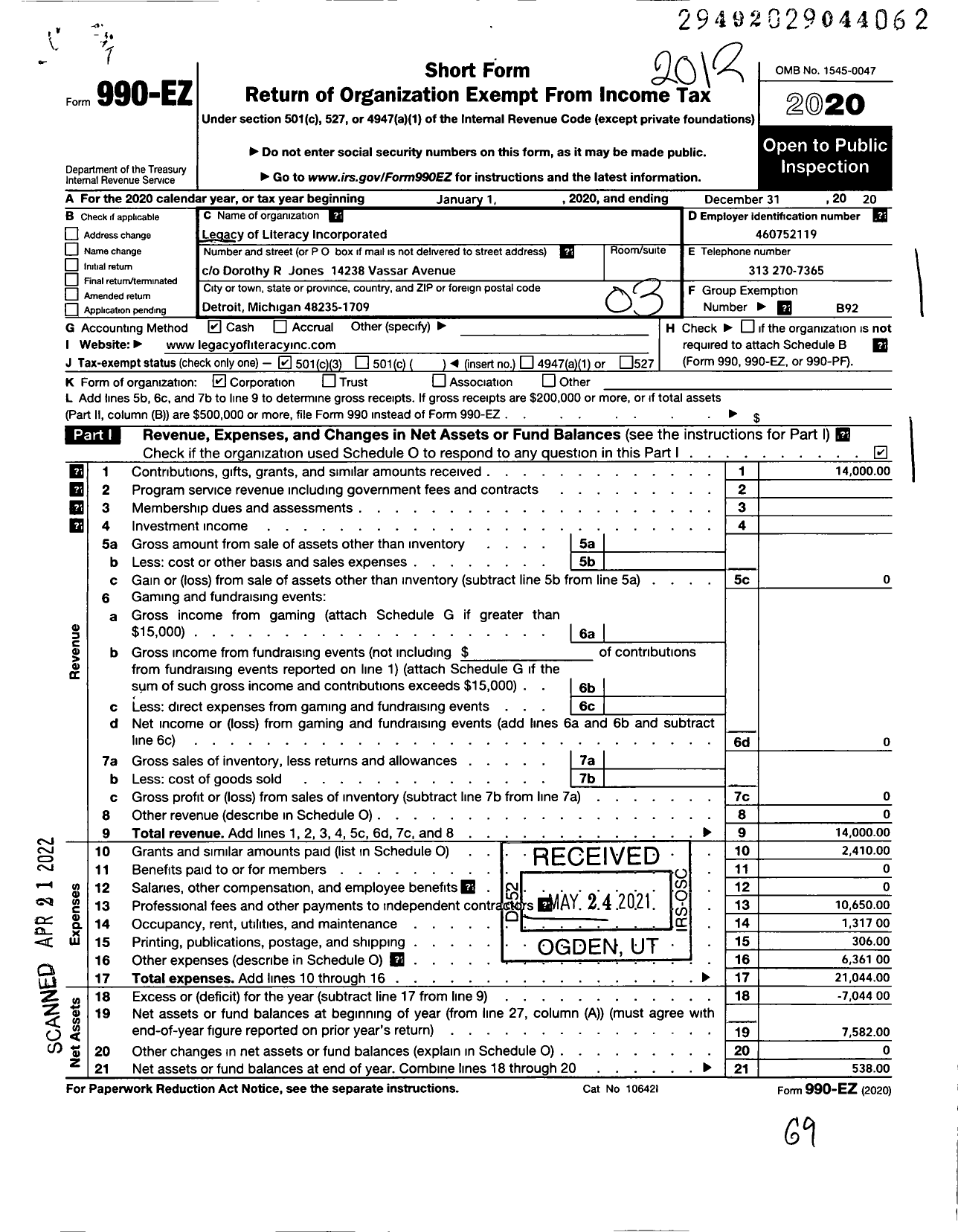 Image of first page of 2020 Form 990EZ for Legacy of Literacy Incorporated