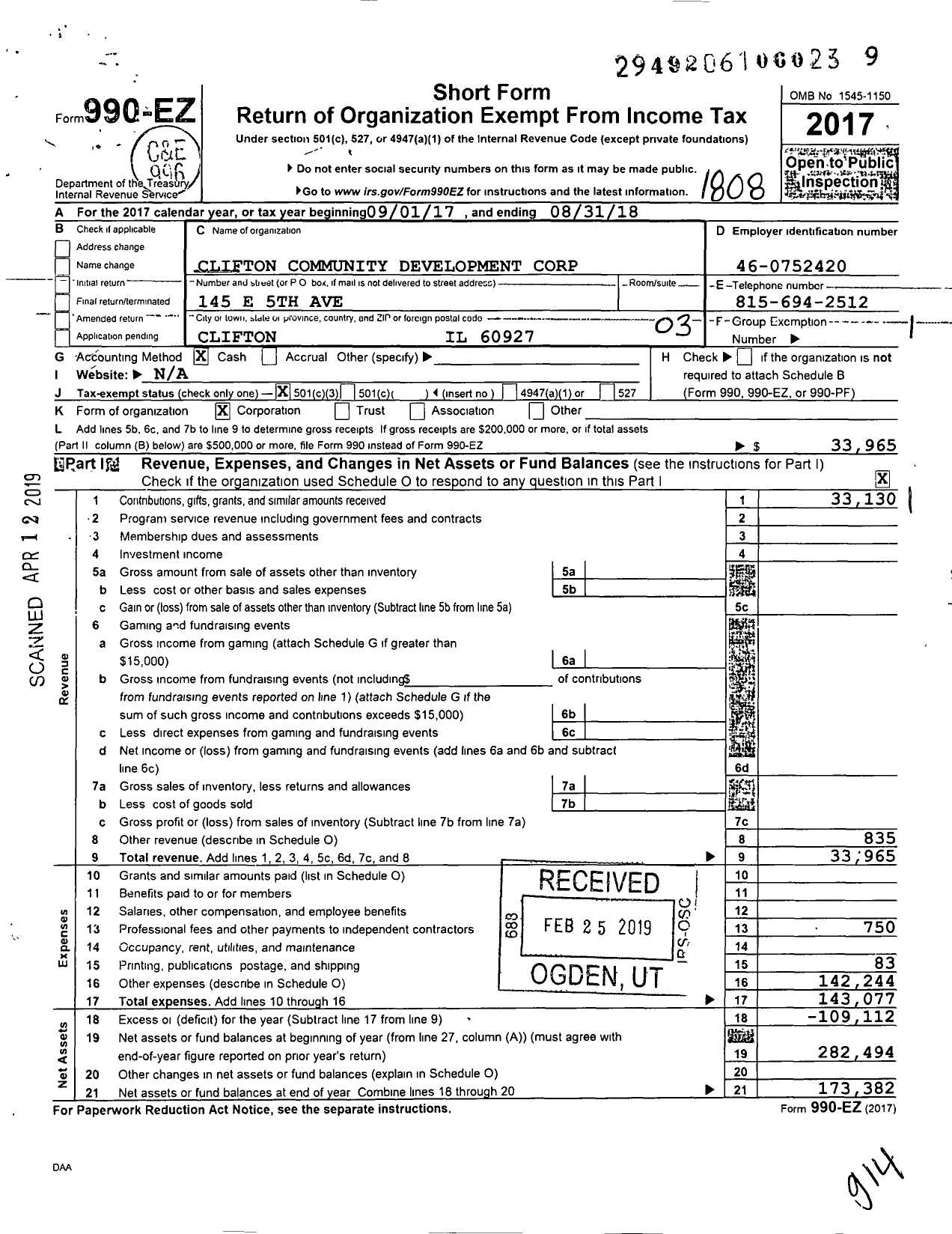 Image of first page of 2017 Form 990EZ for Clifton Community Development Corporation