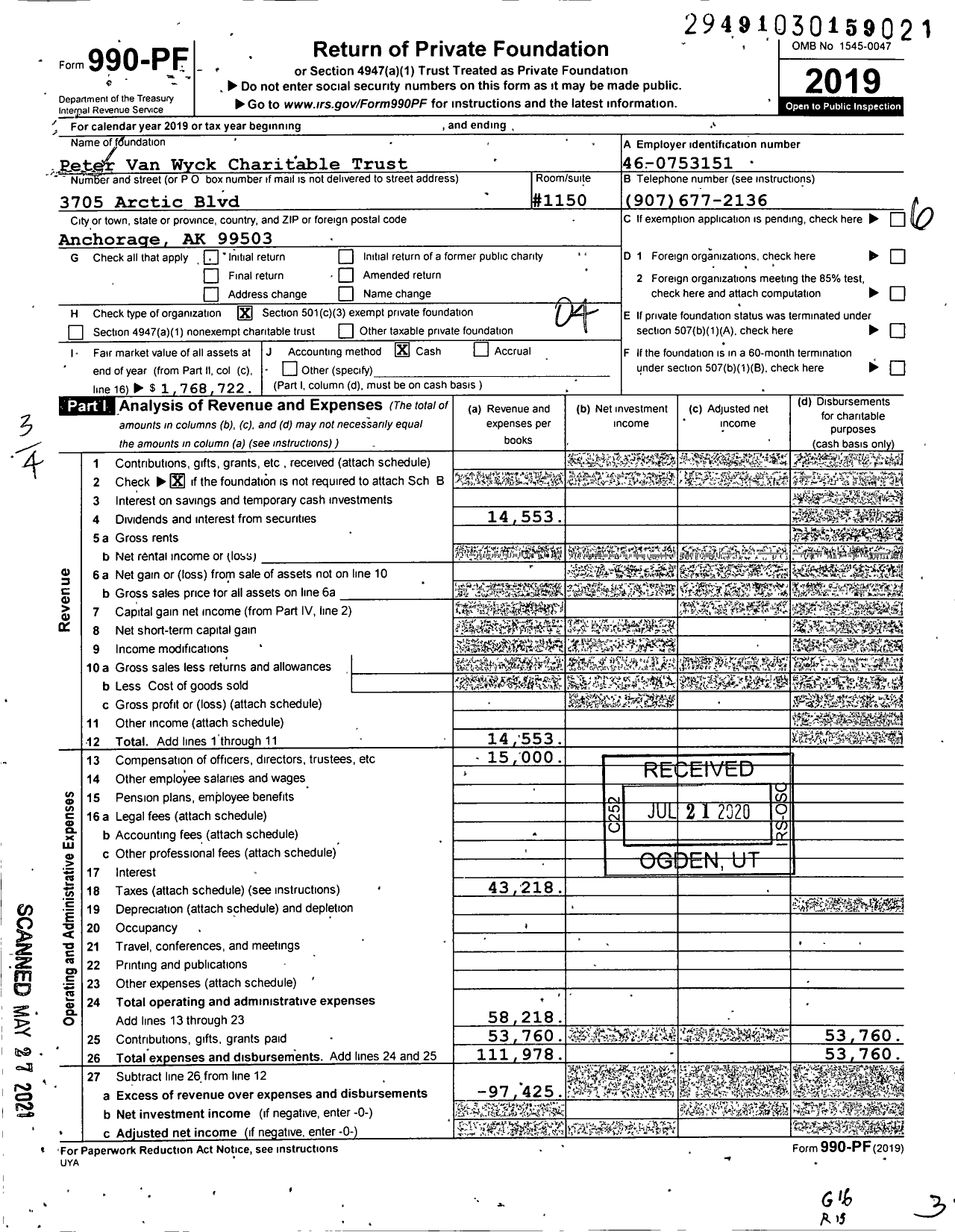 Image of first page of 2019 Form 990PF for Peter Van Wyck Charitable Trust 3705 Arctic Blvd