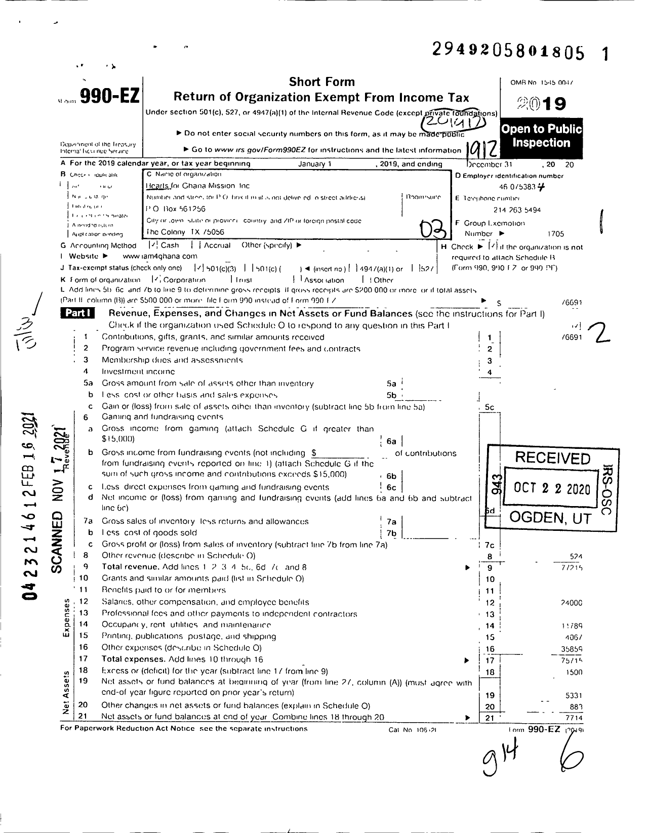 Image of first page of 2019 Form 990EZ for Hearts for Ghana Mission