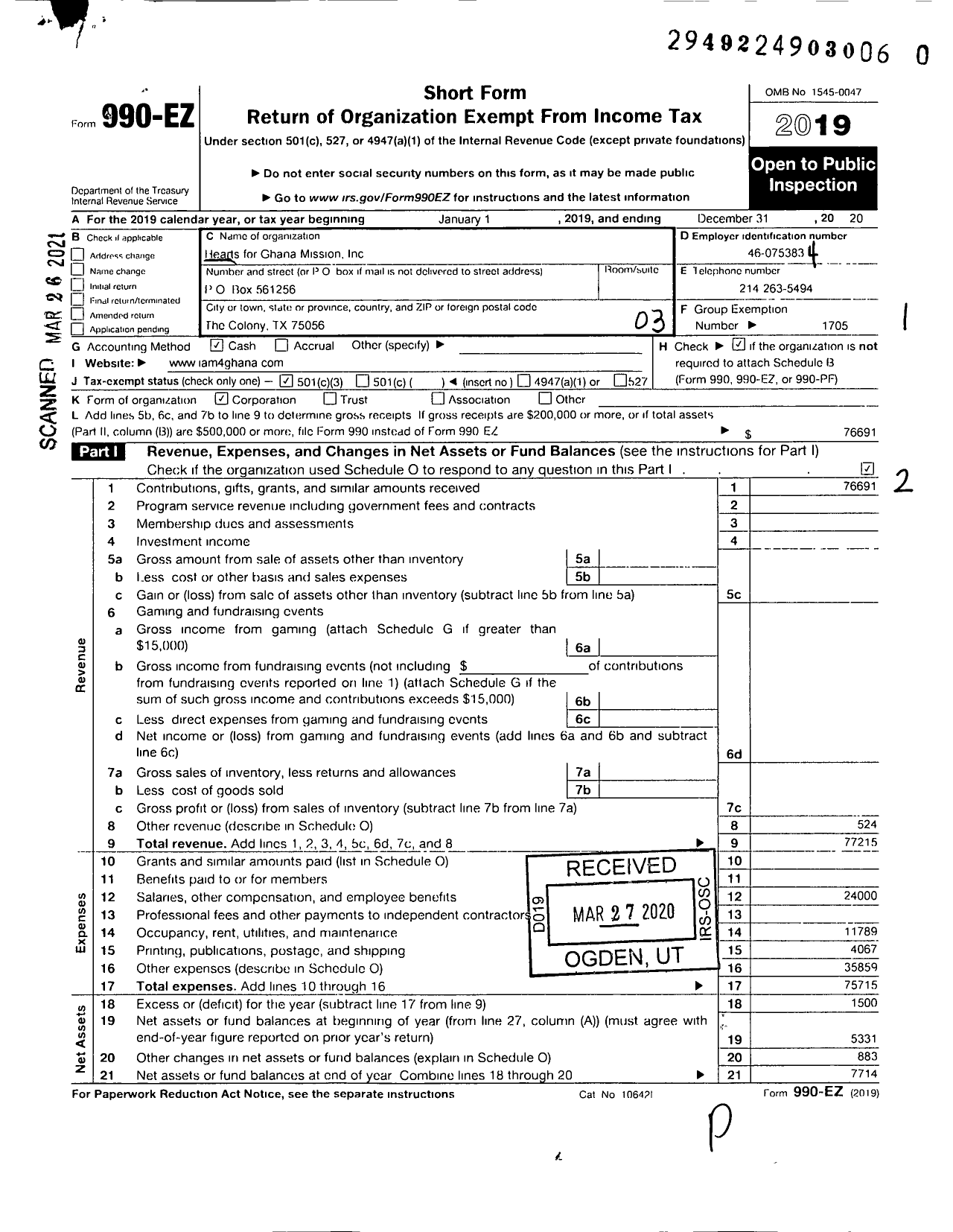 Image of first page of 2020 Form 990EZ for Hearts for Ghana Mission