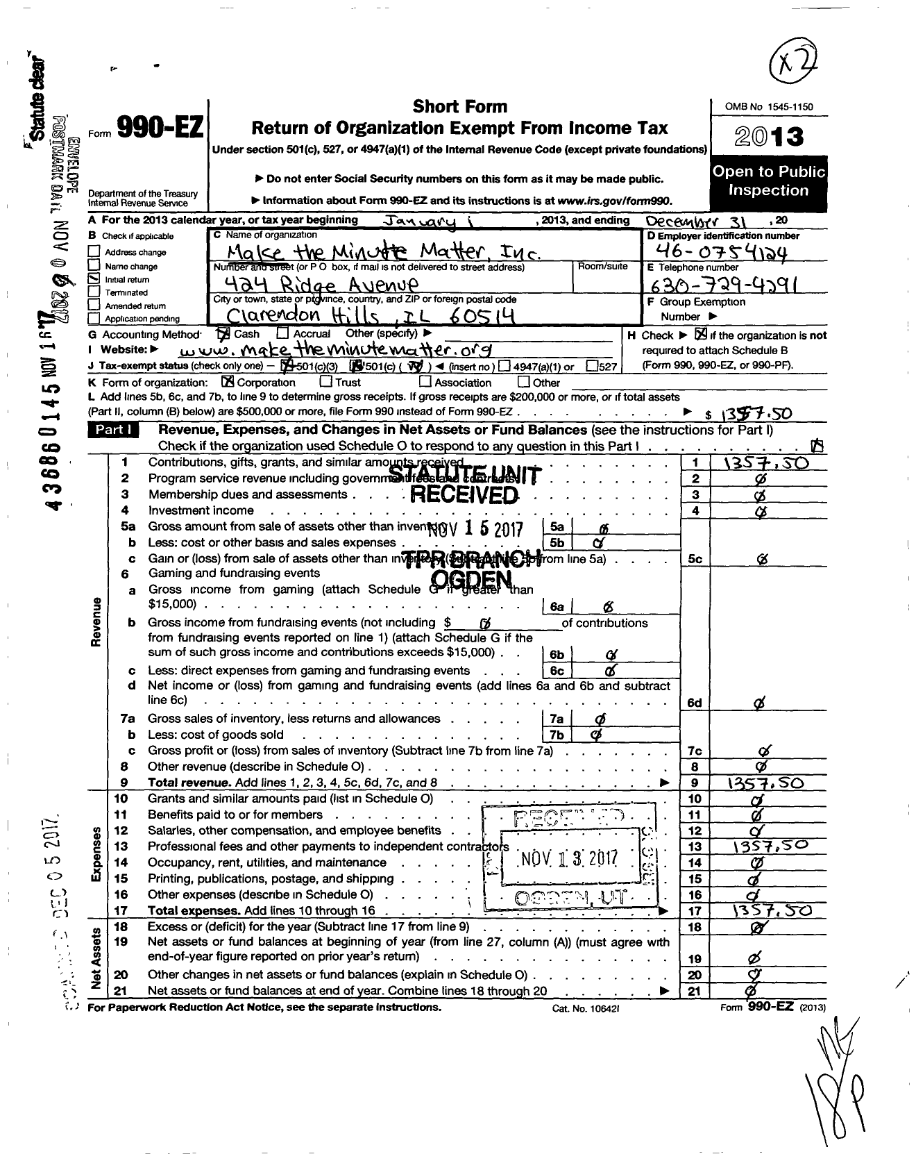 Image of first page of 2013 Form 990EZ for Make the Minute Matter