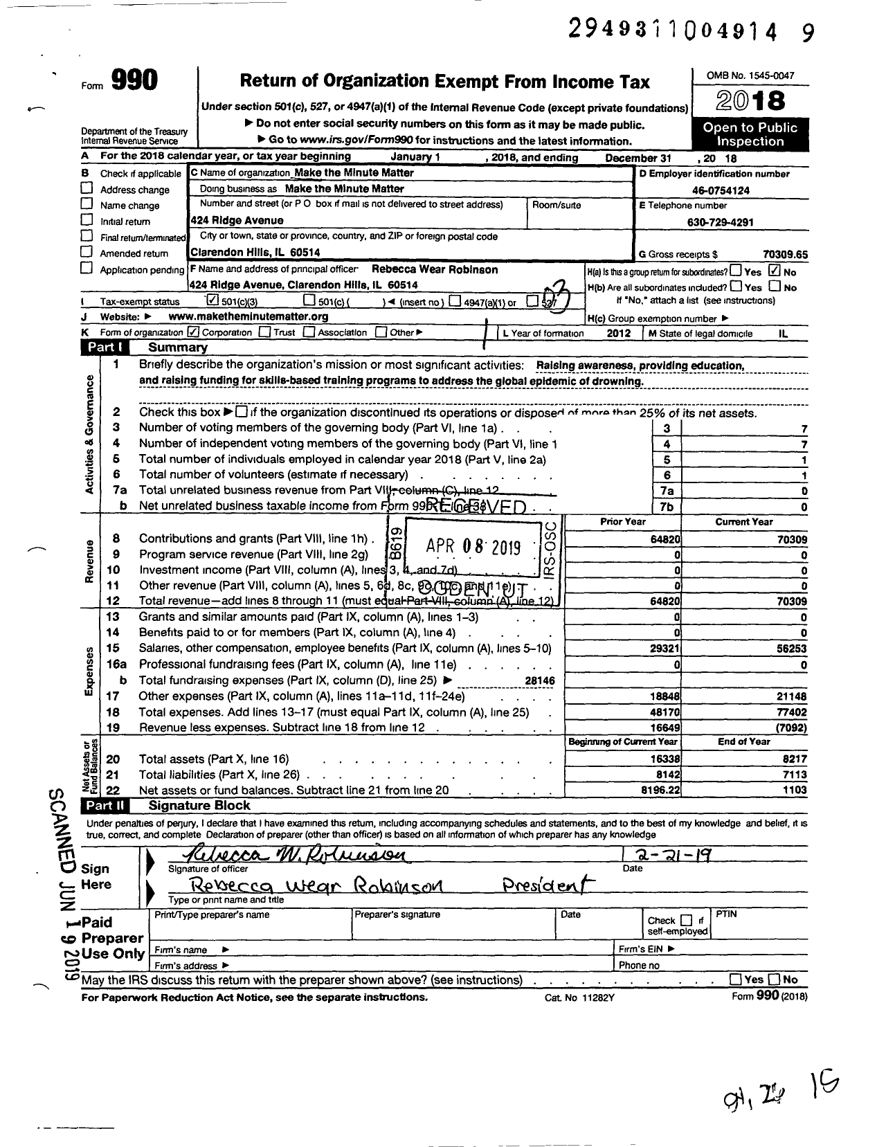 Image of first page of 2018 Form 990 for Make the Minute Matter