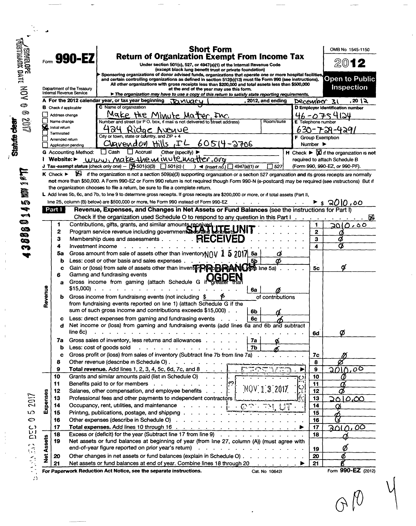 Image of first page of 2012 Form 990EZ for Make the Minute Matter