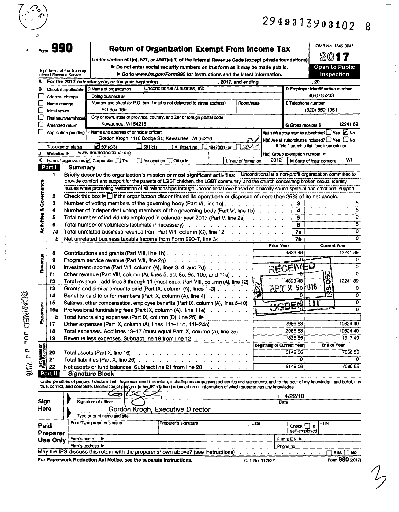 Image of first page of 2017 Form 990 for Unconditional Ministries