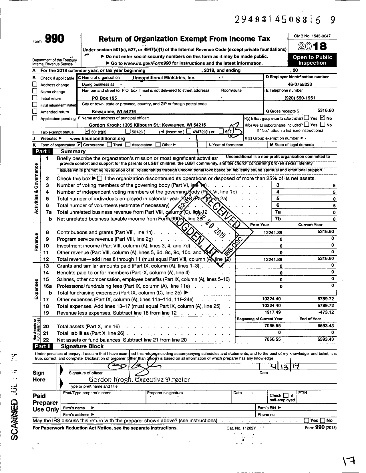 Image of first page of 2018 Form 990 for Unconditional Ministries