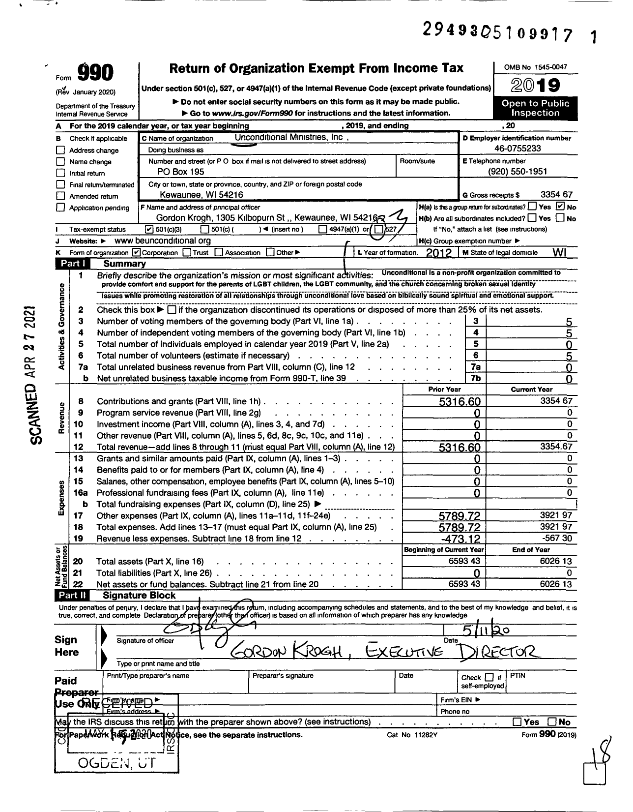 Image of first page of 2019 Form 990 for Unconditional Ministries