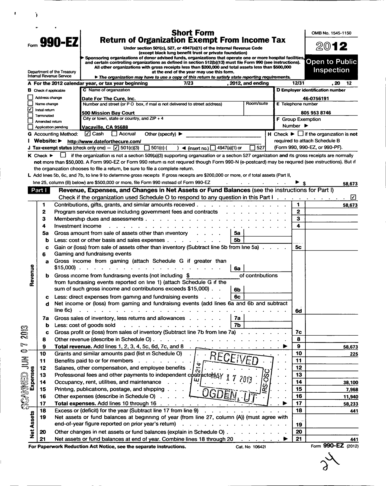 Image of first page of 2012 Form 990EZ for Date for the Cure