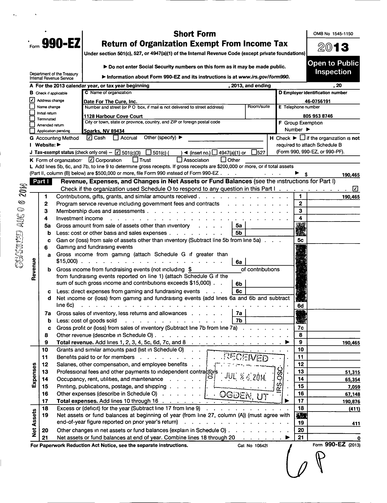 Image of first page of 2013 Form 990EZ for Date for the Cure