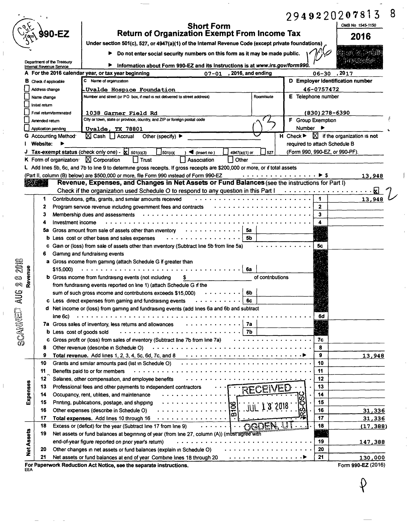 Image of first page of 2016 Form 990EZ for Uvalde Hospice Foundation