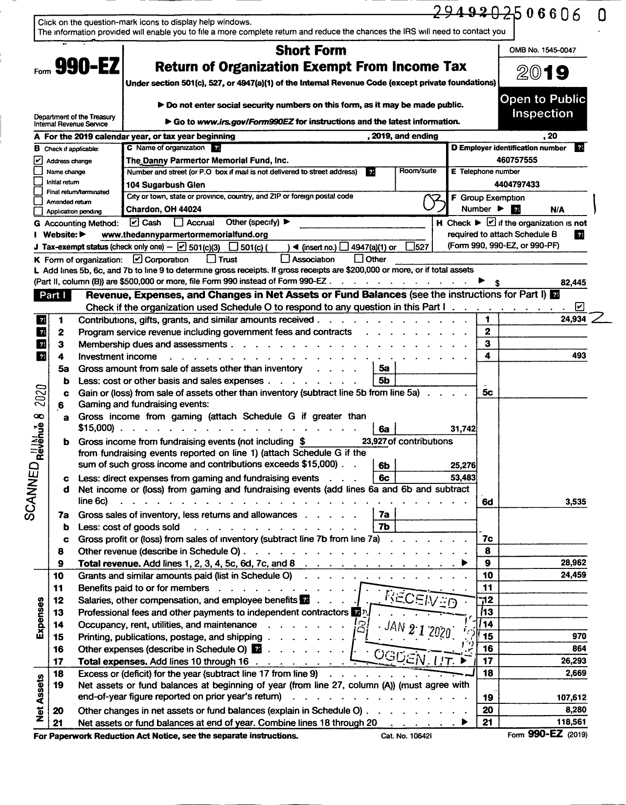 Image of first page of 2019 Form 990EZ for Danny Parmertor Memorial Fund