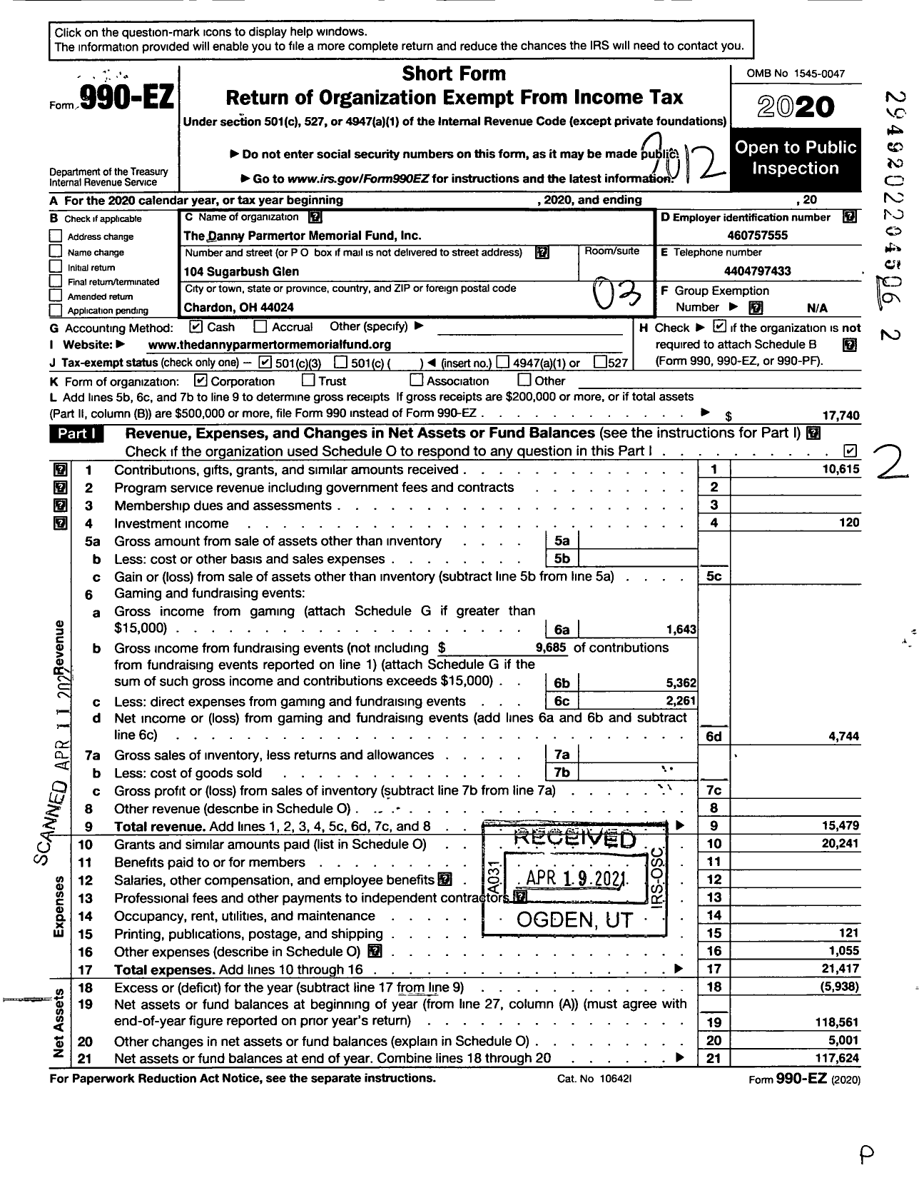 Image of first page of 2020 Form 990EZ for Danny Parmertor Memorial Fund