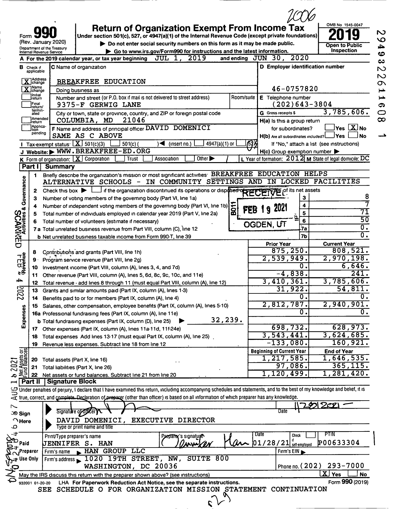 Image of first page of 2019 Form 990 for Breakfree Education