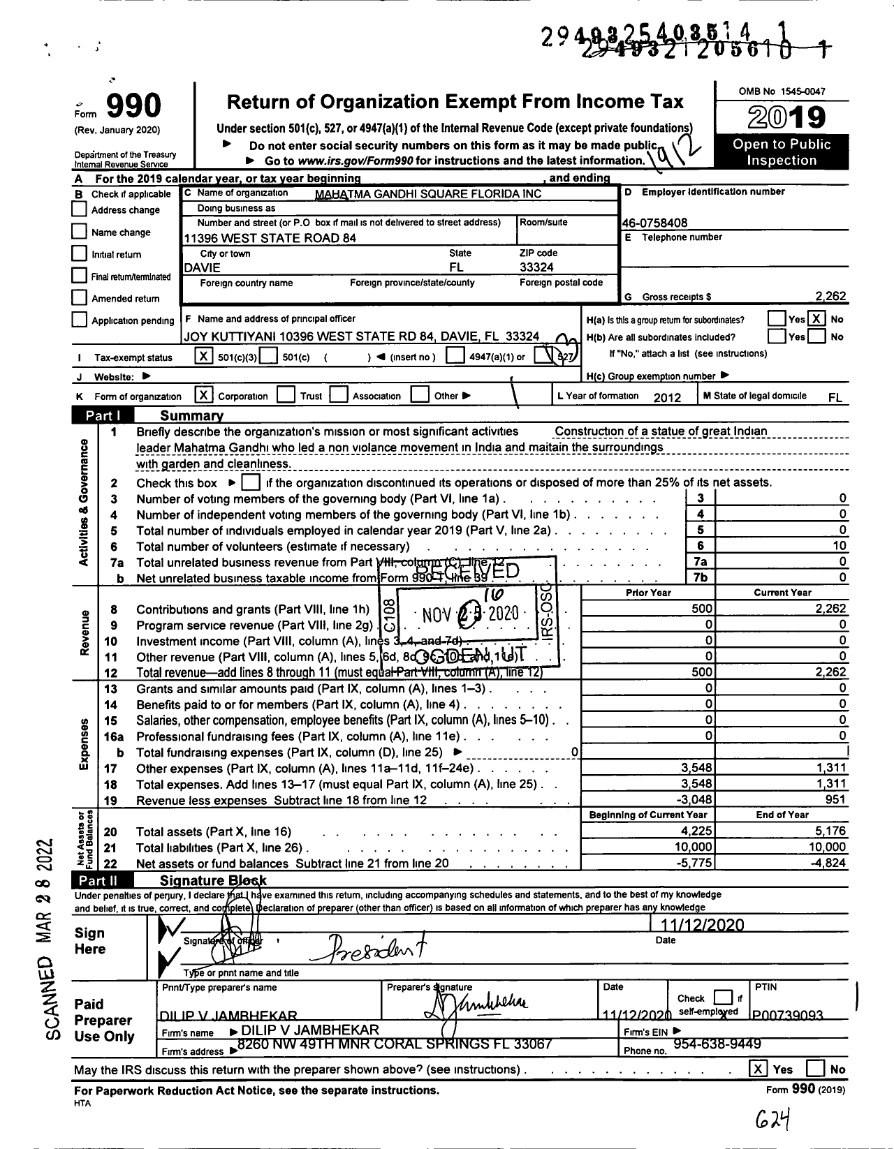 Image of first page of 2019 Form 990 for Mahatma Gandhi Square Florida