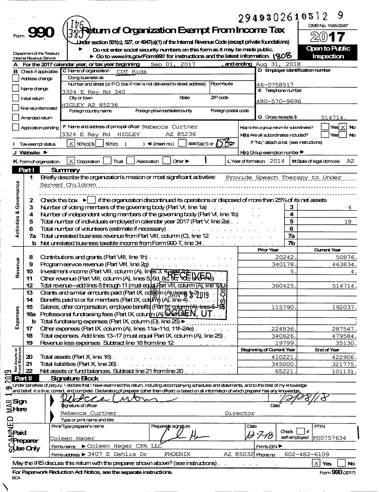 Image of first page of 2017 Form 990 for CDT Kids