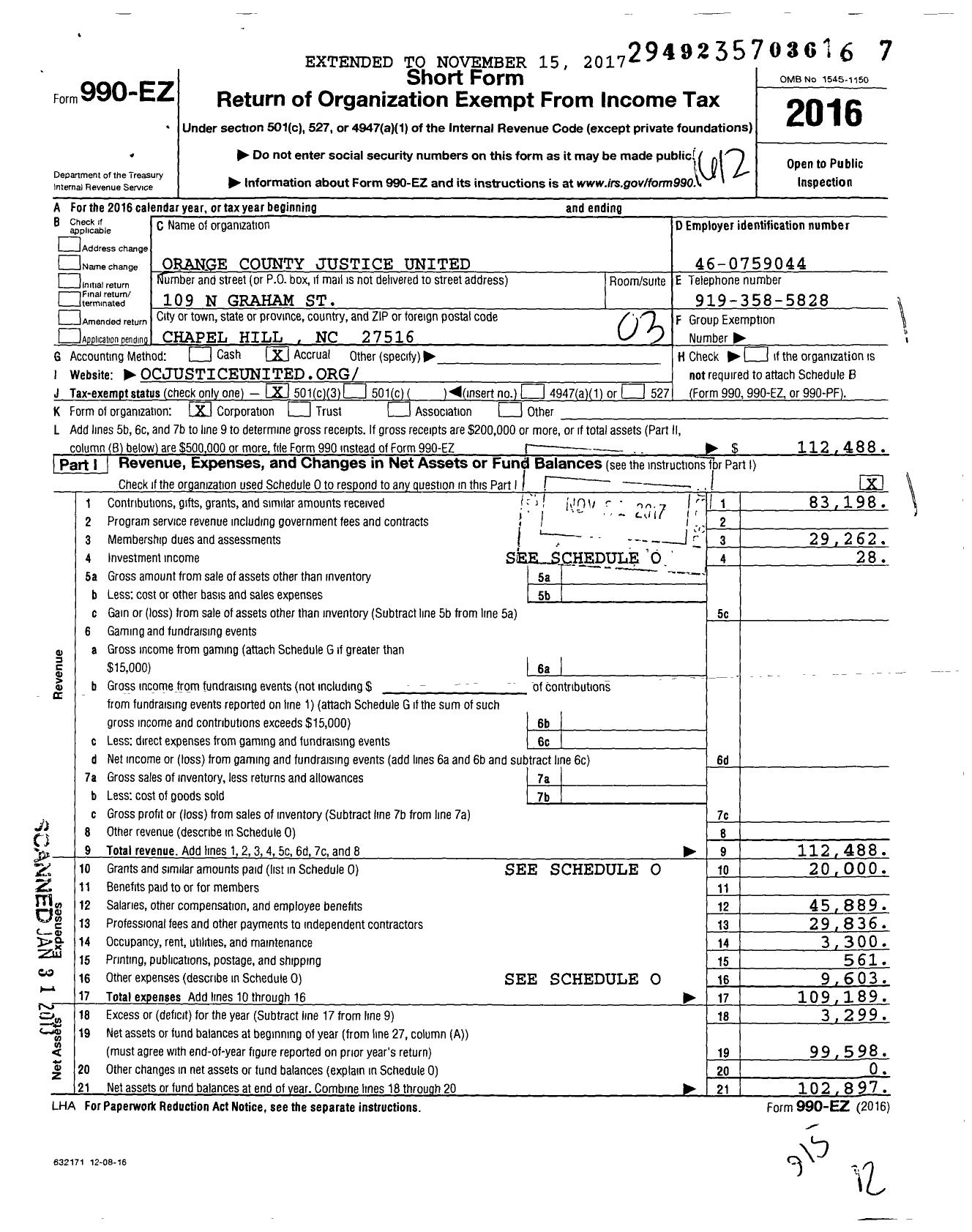 Image of first page of 2016 Form 990EZ for Orange County Justice United