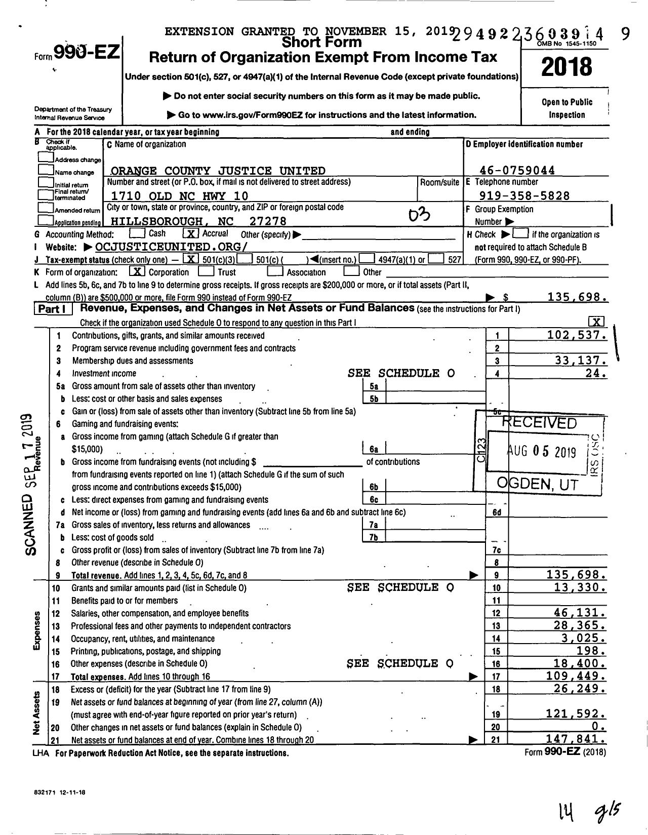 Image of first page of 2018 Form 990EZ for Orange County Justice United