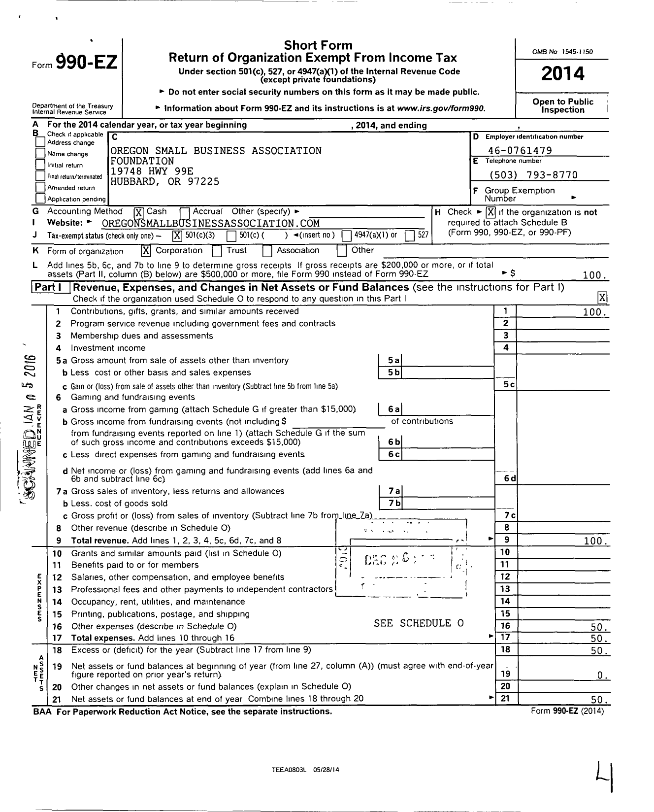 Image of first page of 2014 Form 990EZ for Oregon Small Business Association Foundation