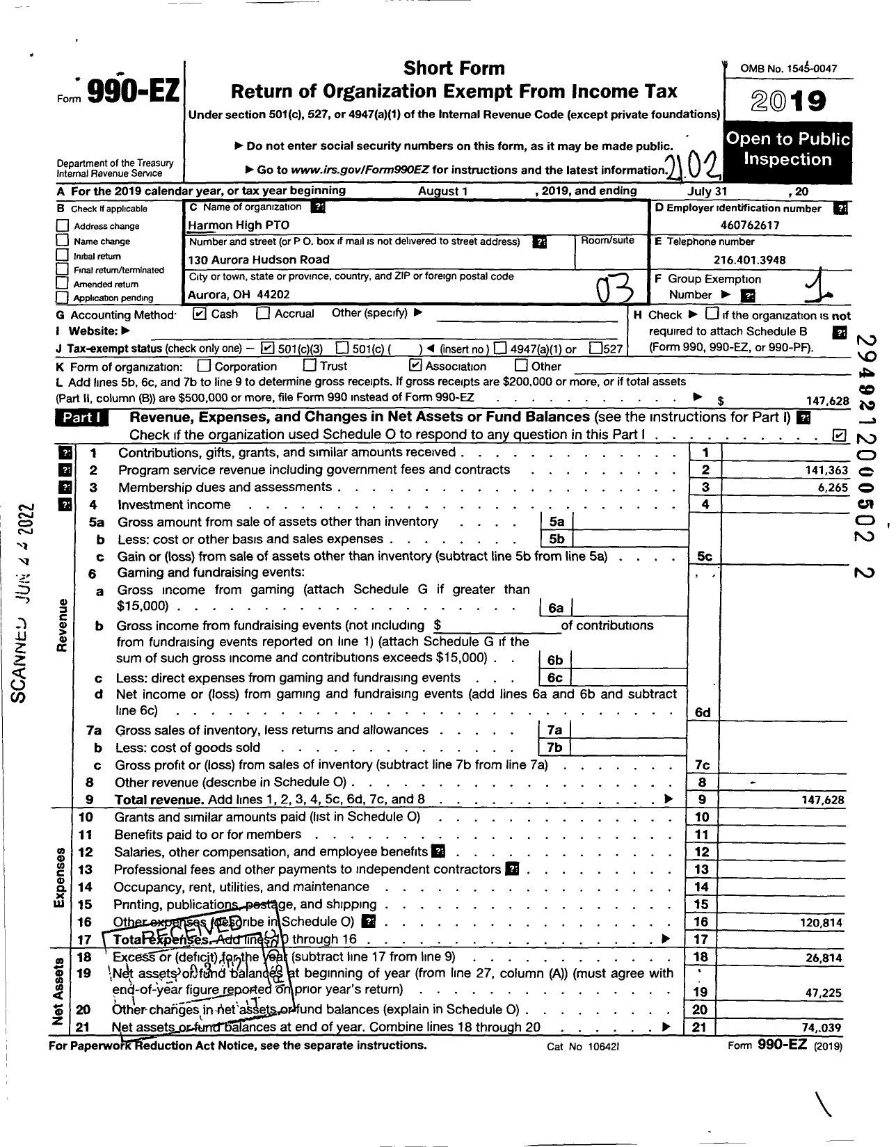 Image of first page of 2020 Form 990EZ for Harmon High Pto