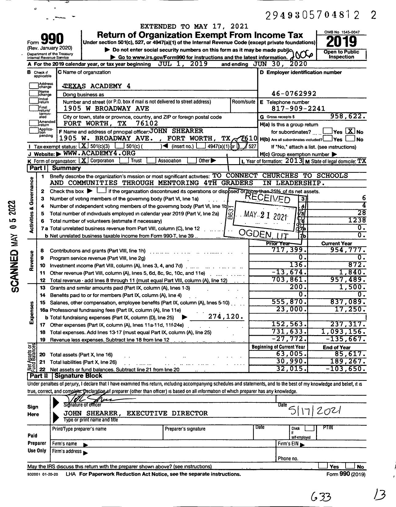 Image of first page of 2019 Form 990 for Texas Academy 4