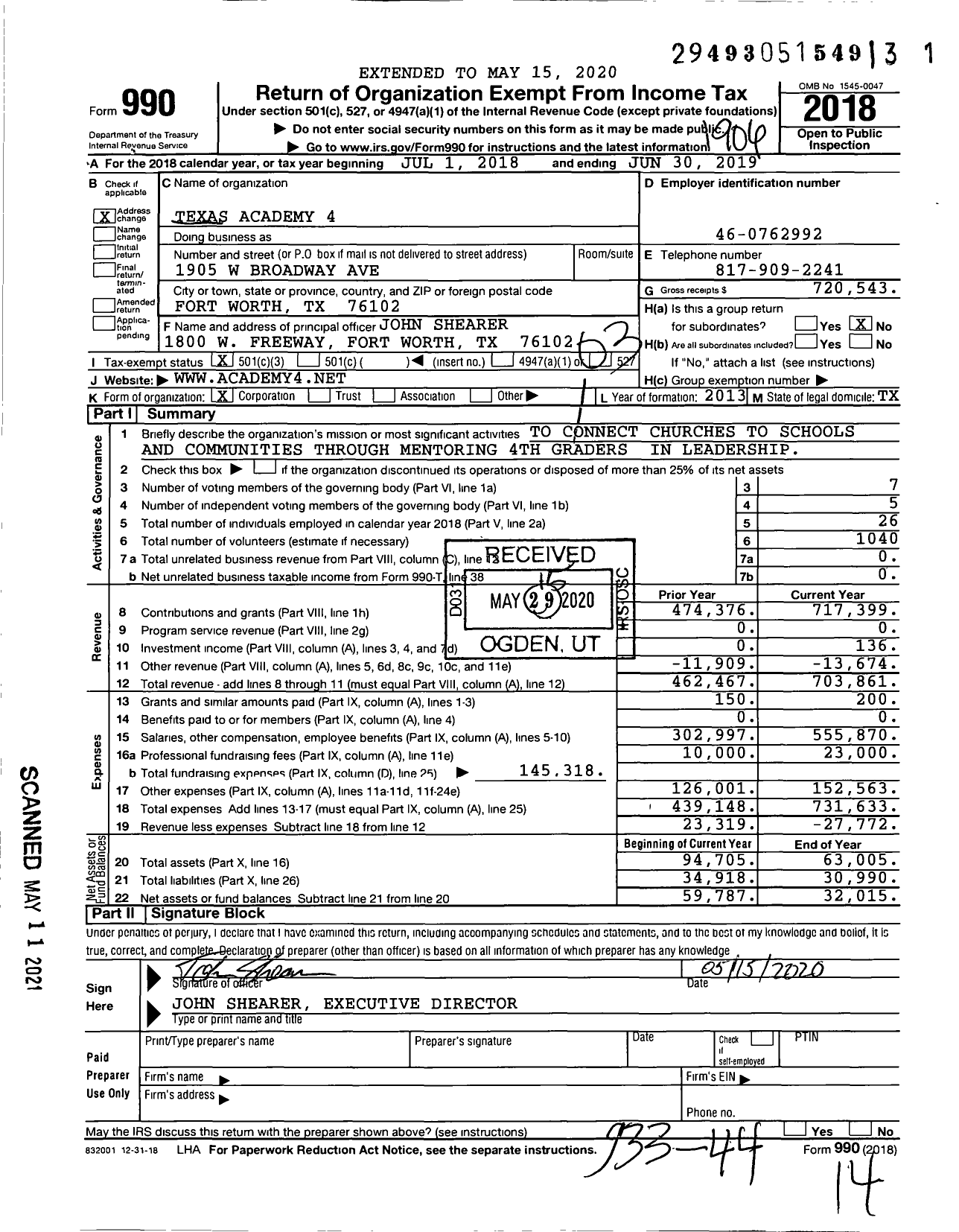 Image of first page of 2018 Form 990 for Texas Academy 4