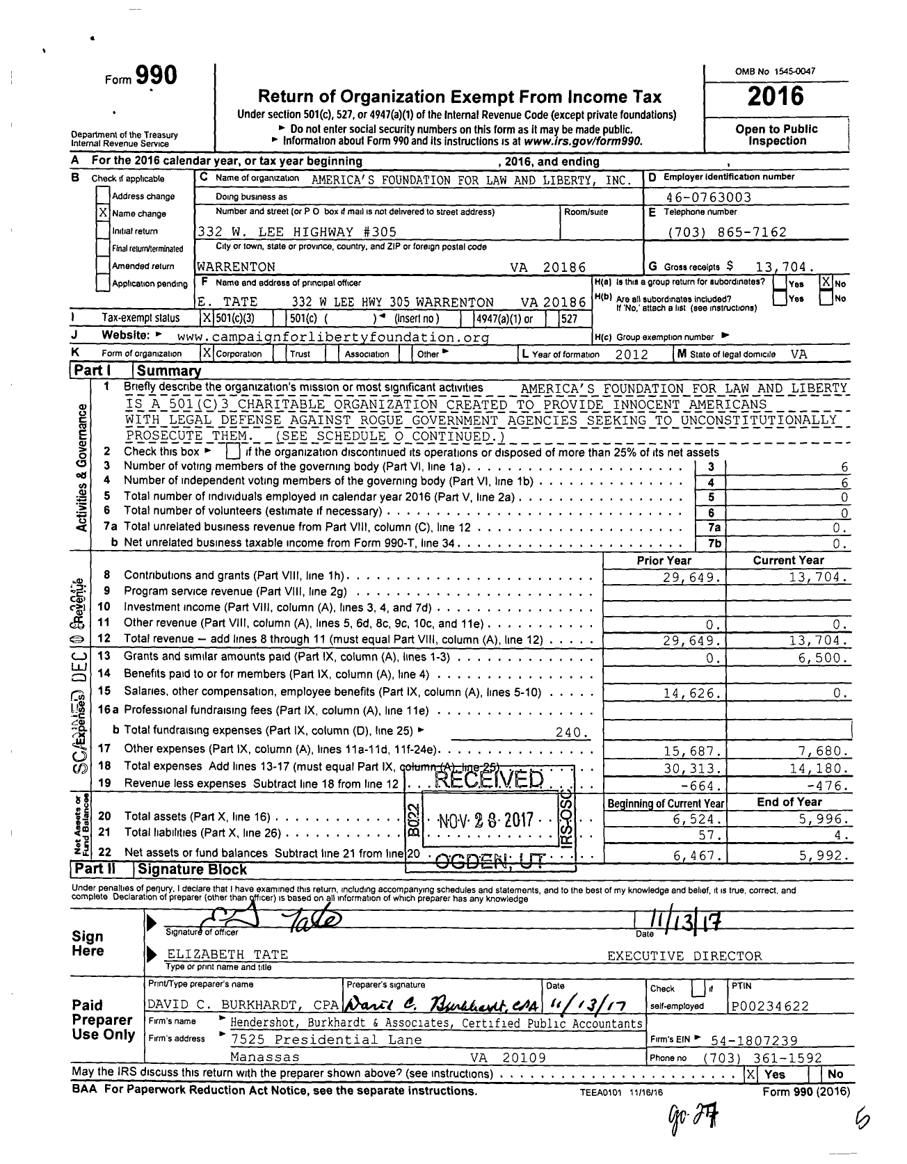 Image of first page of 2016 Form 990 for Campaign for Liberty Foundation